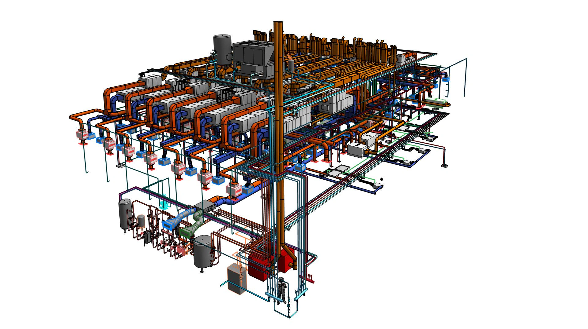 Modelo BIM de las instalaciones de una planta de proceso: conductos, tuberías y equipos de la zona de fabricación