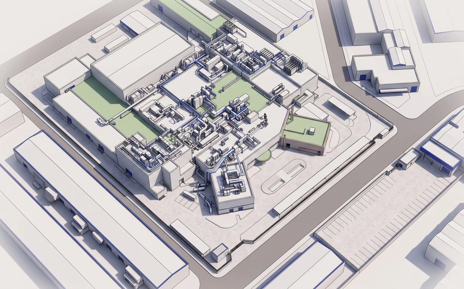 Vista aérea del emplazamiento de una planta farmacéutica como maqueta del modelo, con las instalaciones de cubierta destacadas