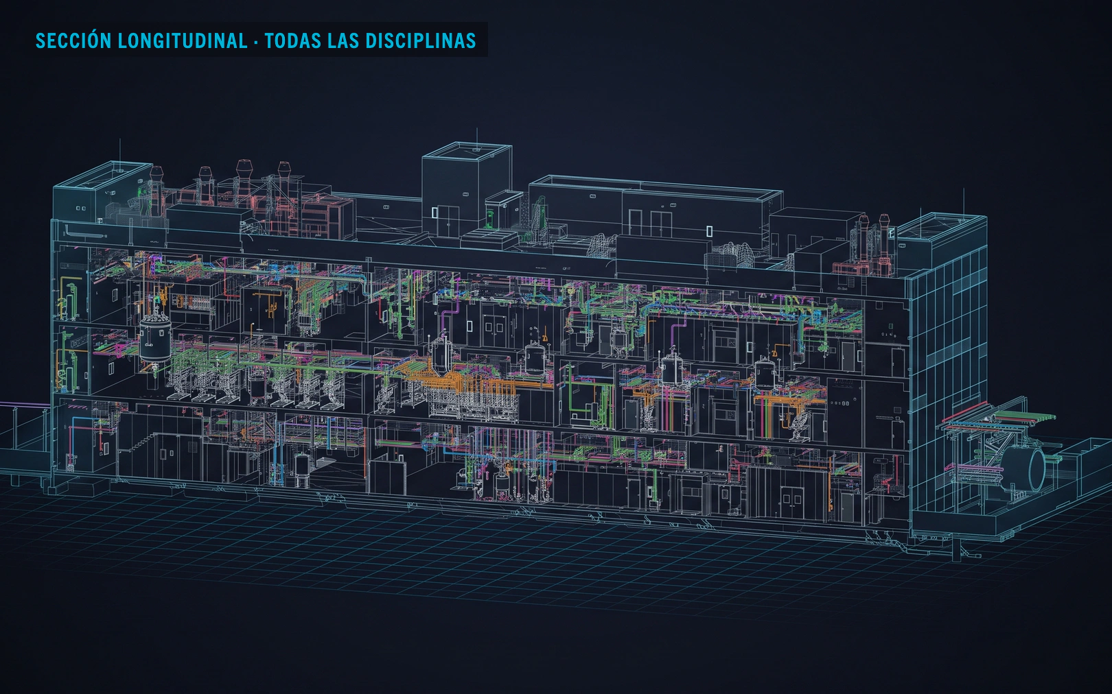 Sección longitudinal del modelo BIM de un edificio farmacéutico con todas las disciplinas diferenciadas