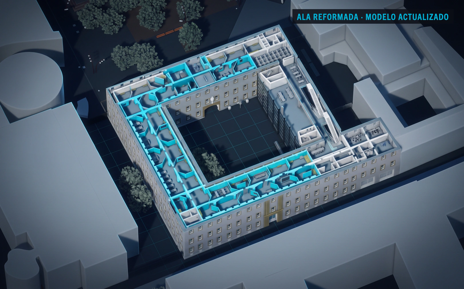 Axonometría sin cubierta de un edificio patrimonial; el ala de la última reforma destacada en cian