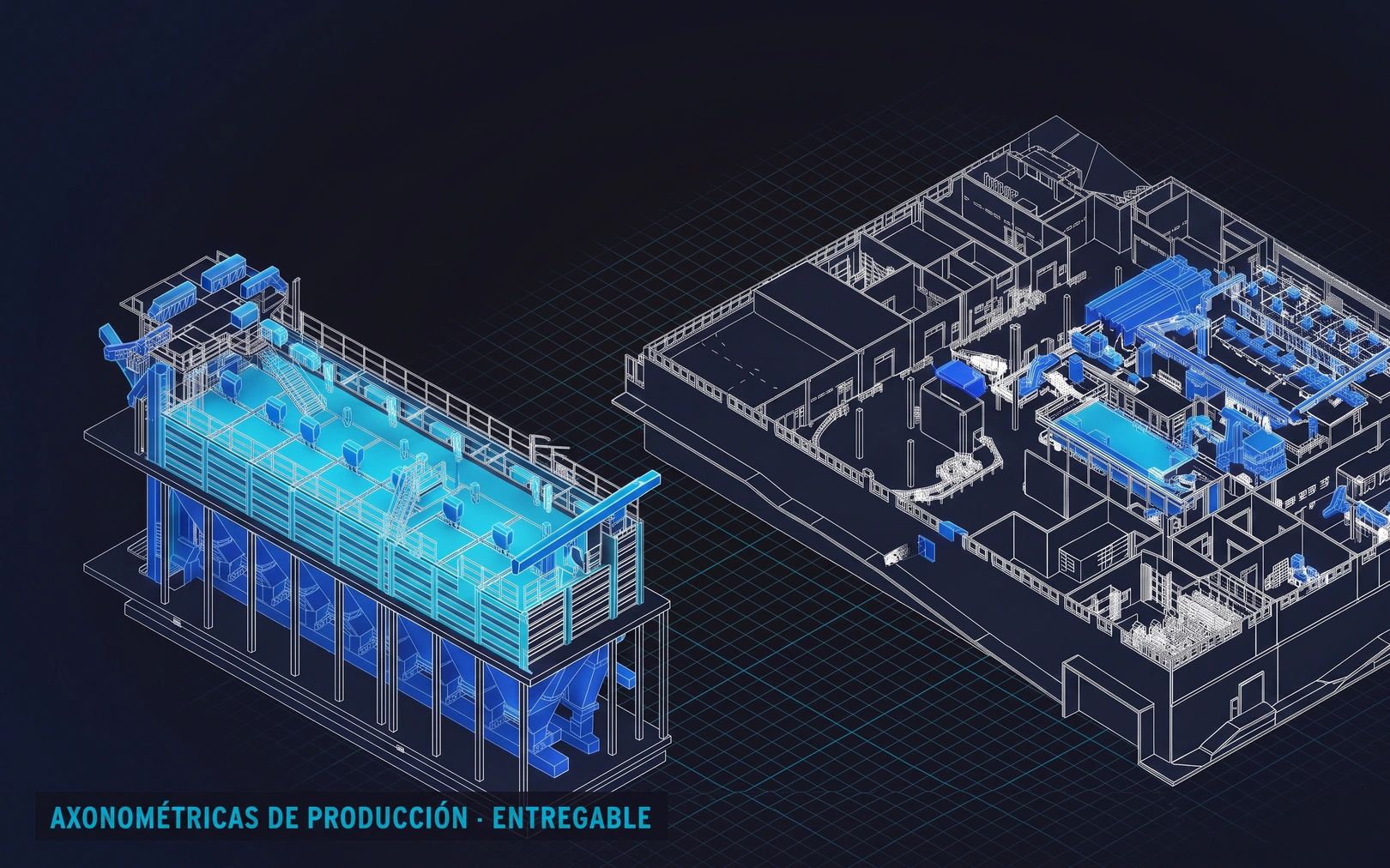Axonométricas de producción del modelo BIM: línea de proceso y silos bajos en azul sobre placa oscura