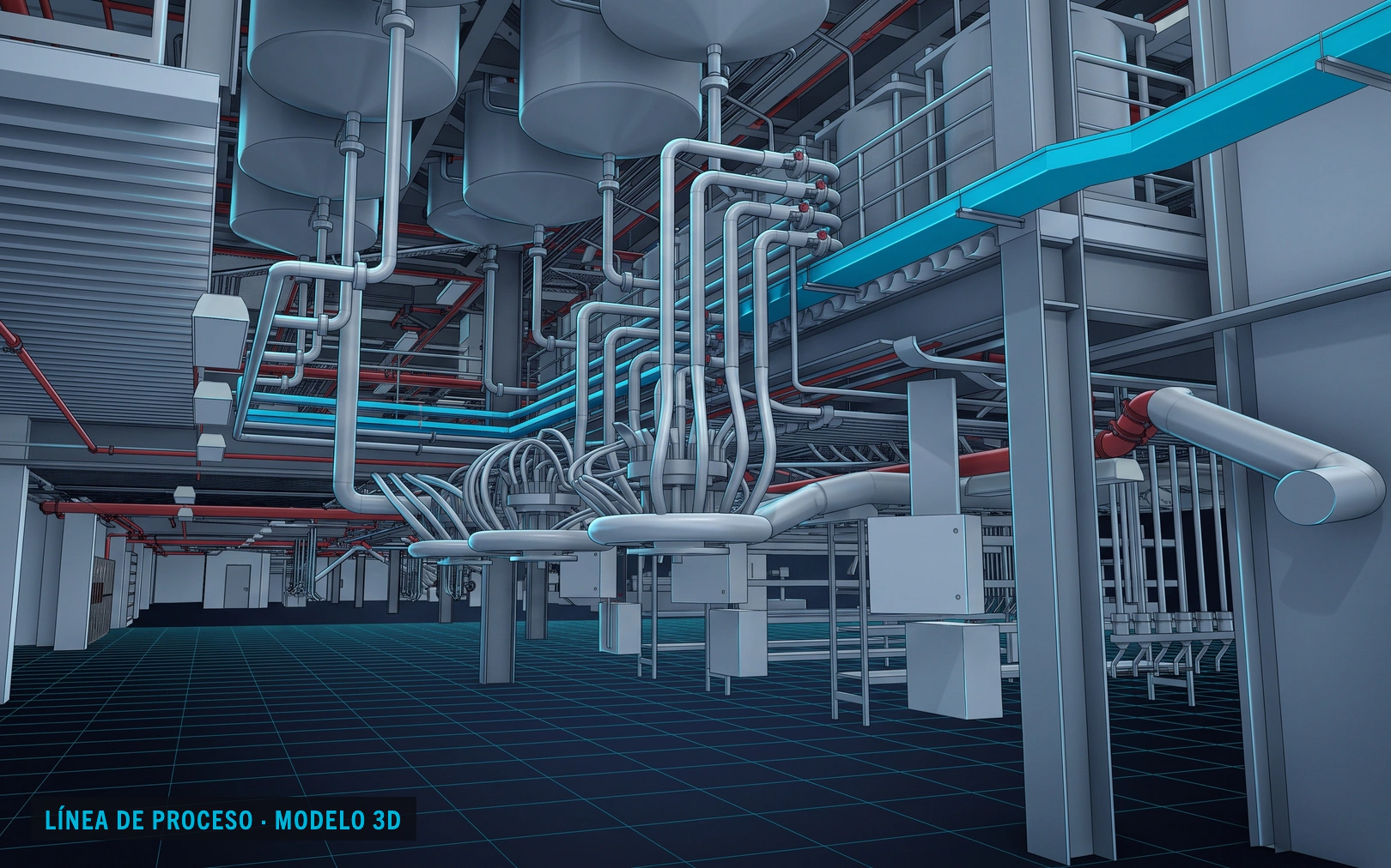 Interior del modelo BIM de una planta de proceso: depósitos, instalaciones y la línea principal en cian