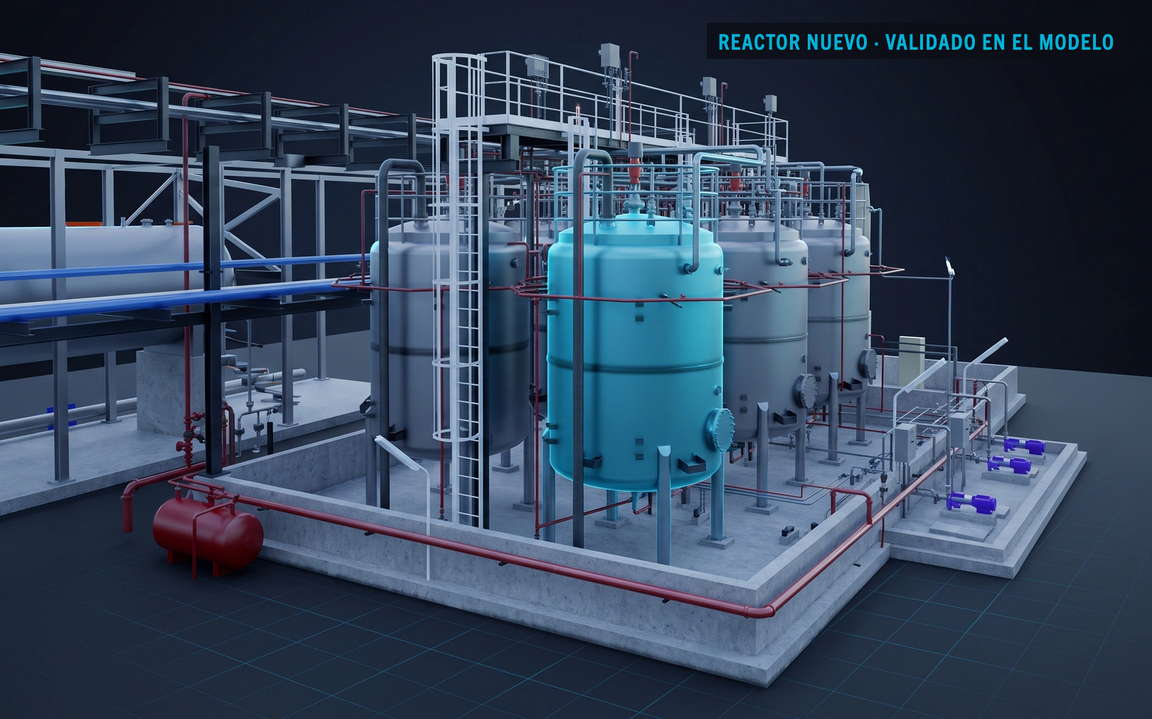 Bancada de reactores en el modelo BIM con el reactor nuevo destacado en cian sobre placa oscura