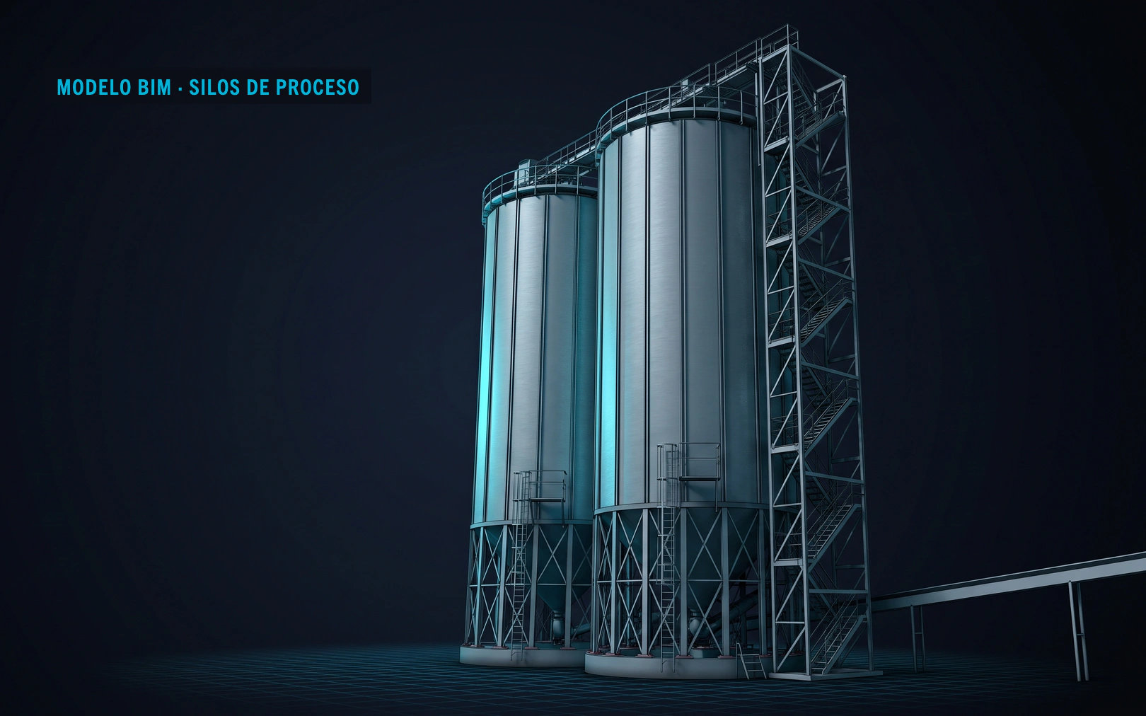 Modelo BIM de dos silos de proceso con su torre de escaleras, sobre placa técnica oscura