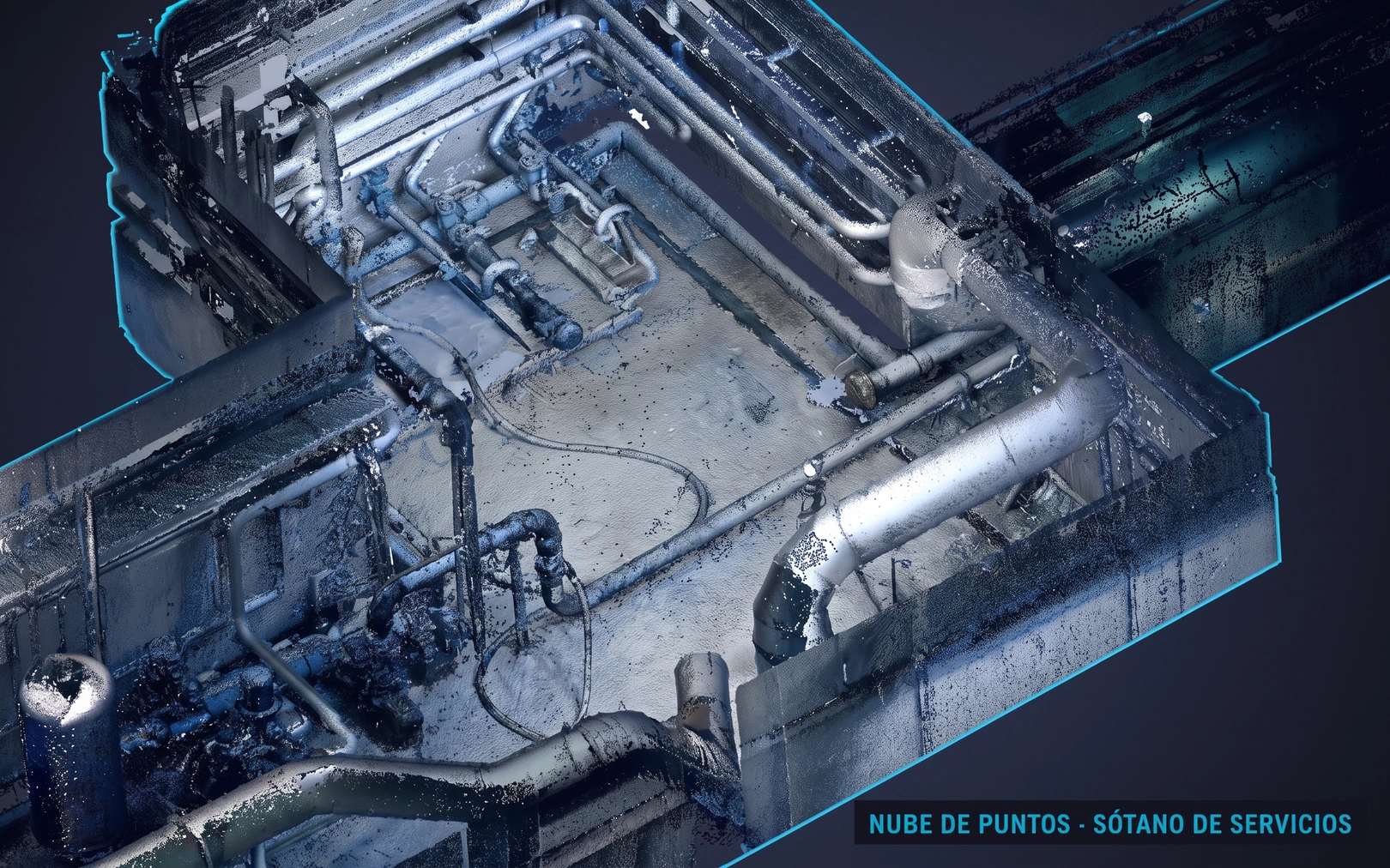 Recorte de la nube de puntos de un sótano de servicios: tuberías, codos y soportes con el grano del escaneo