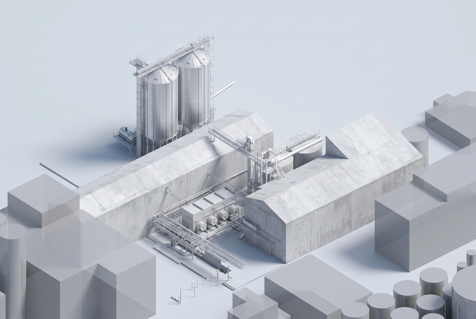 Vista aérea del modelo BIM de la planta: los dos silos nuevos junto a las naves y sus tuberías