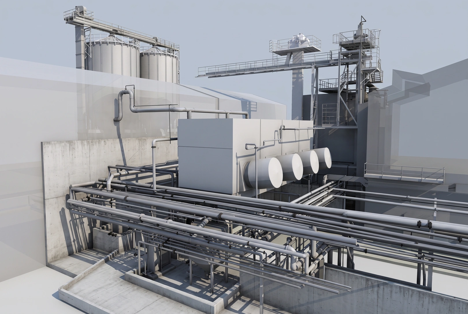Modelo BIM de la zona de los silos: estructuras, pasarelas y tuberías junto a la nave