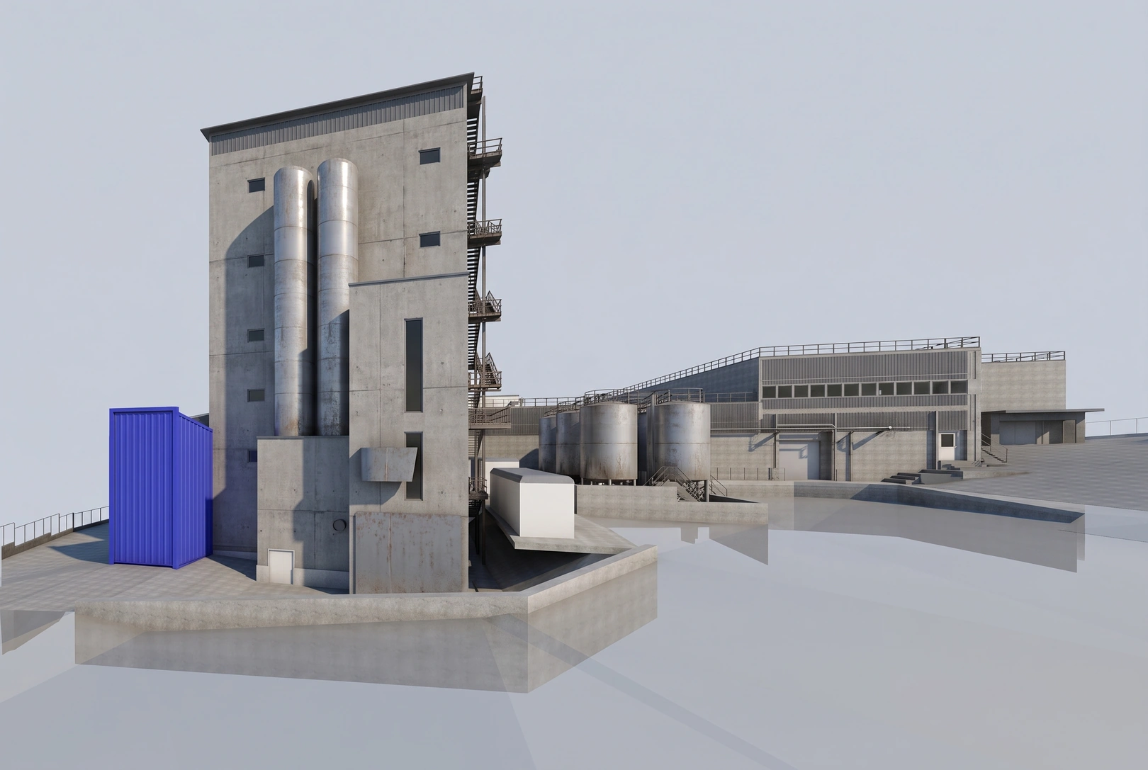 Modelo BIM de una planta de alimentación animal: la torre de proceso, las naves y los depósitos