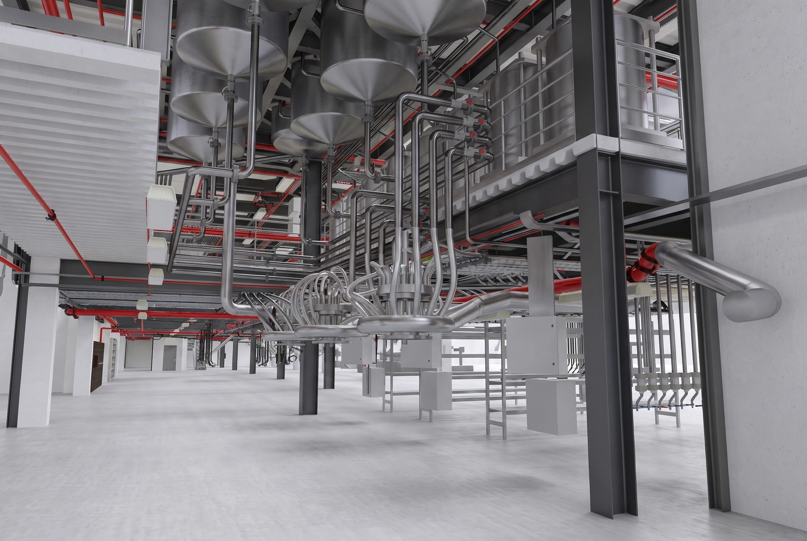 Interior del modelo BIM de la planta: depósitos sobre plataforma, tuberías de proceso y red contra incendios en rojo