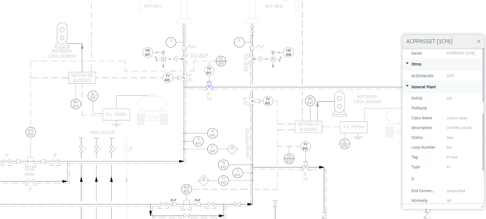 P&ID de la zona en el visor, con la ficha técnica de una válvula de control abierta al lado