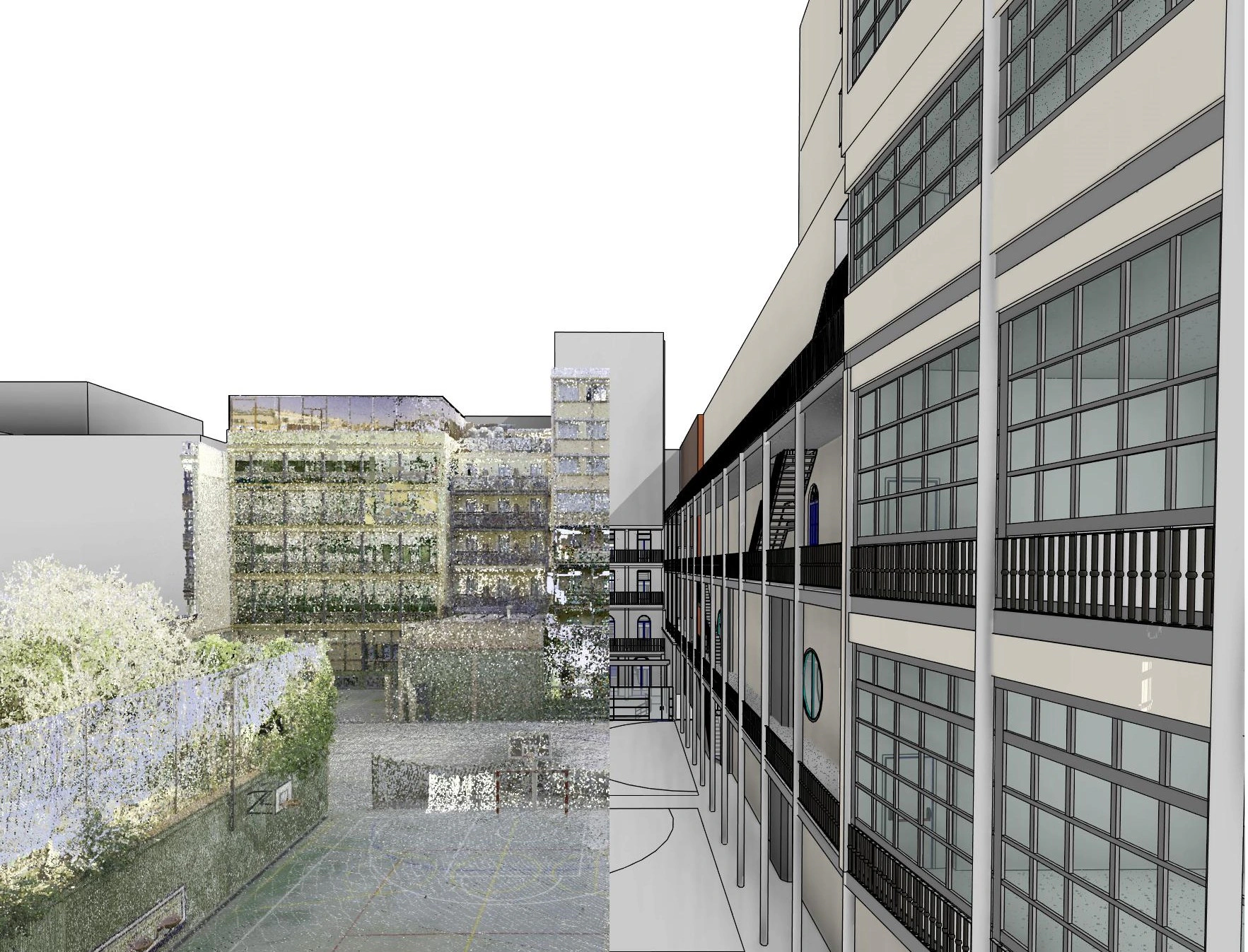 Comparación lado a lado de una nube de puntos de escáner láser de una planta industrial y el modelo BIM reconstruido a partir de ella, con equipos y tuberías modelados fielmente