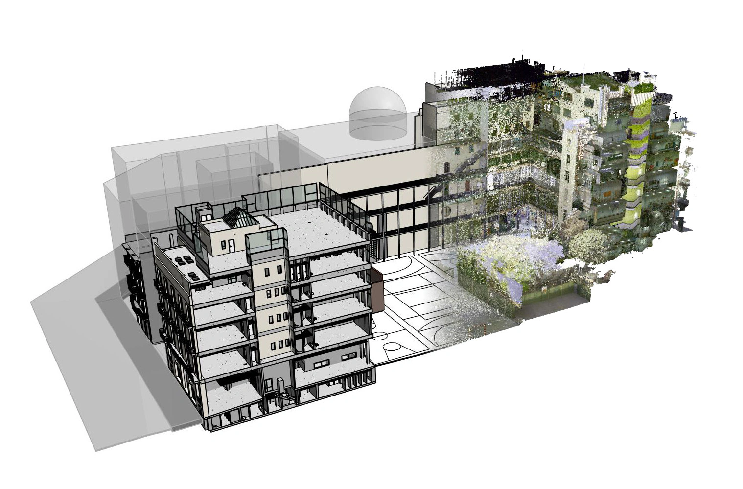 Segunda comparativa del conjunto escolar entre la nube de puntos y el modelo BIM