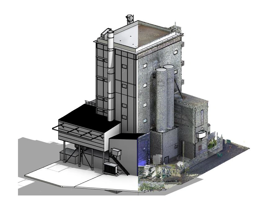 Un silo industrial: mitad nube de puntos del escaneo, mitad modelo BIM as-built