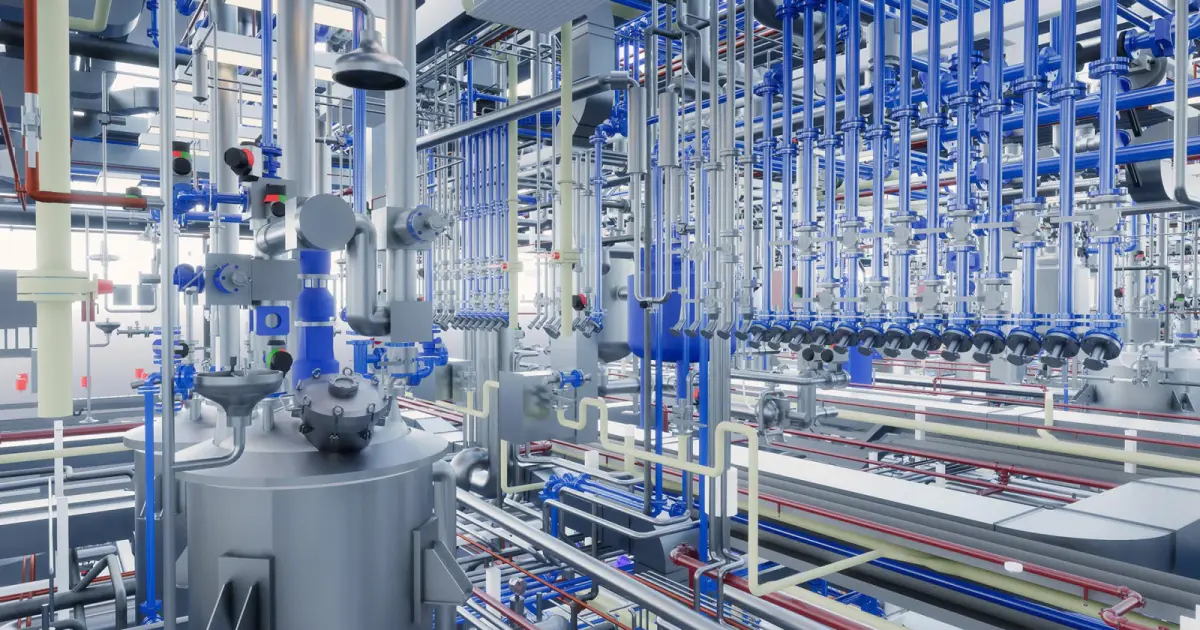 Render de una zona de proceso farmacéutico con el piping, los equipos y los servicios modelados