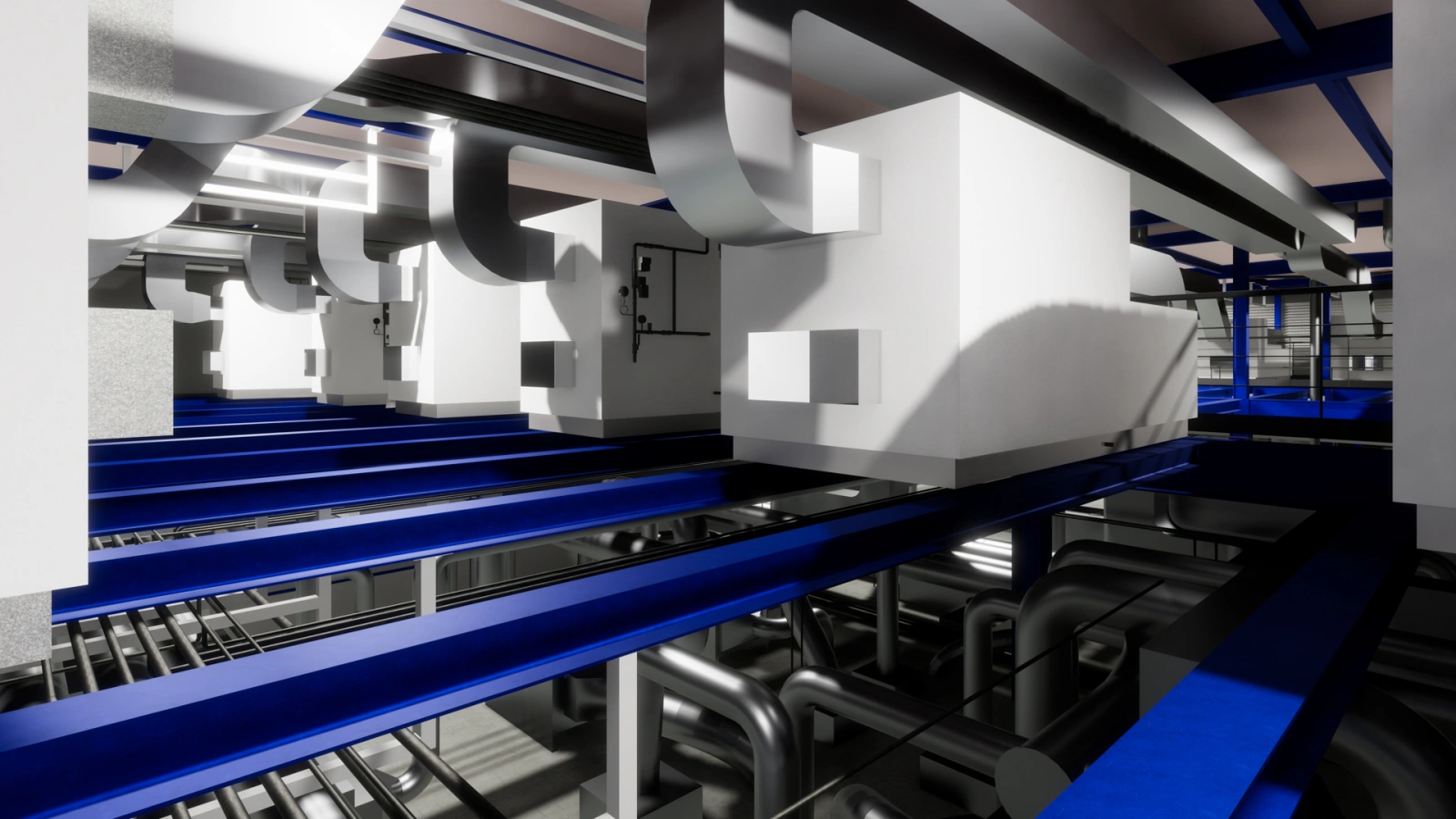 Modelo BIM as-built de una sala de proceso: conductos, bandejas y tuberías modelados equipo a equipo.