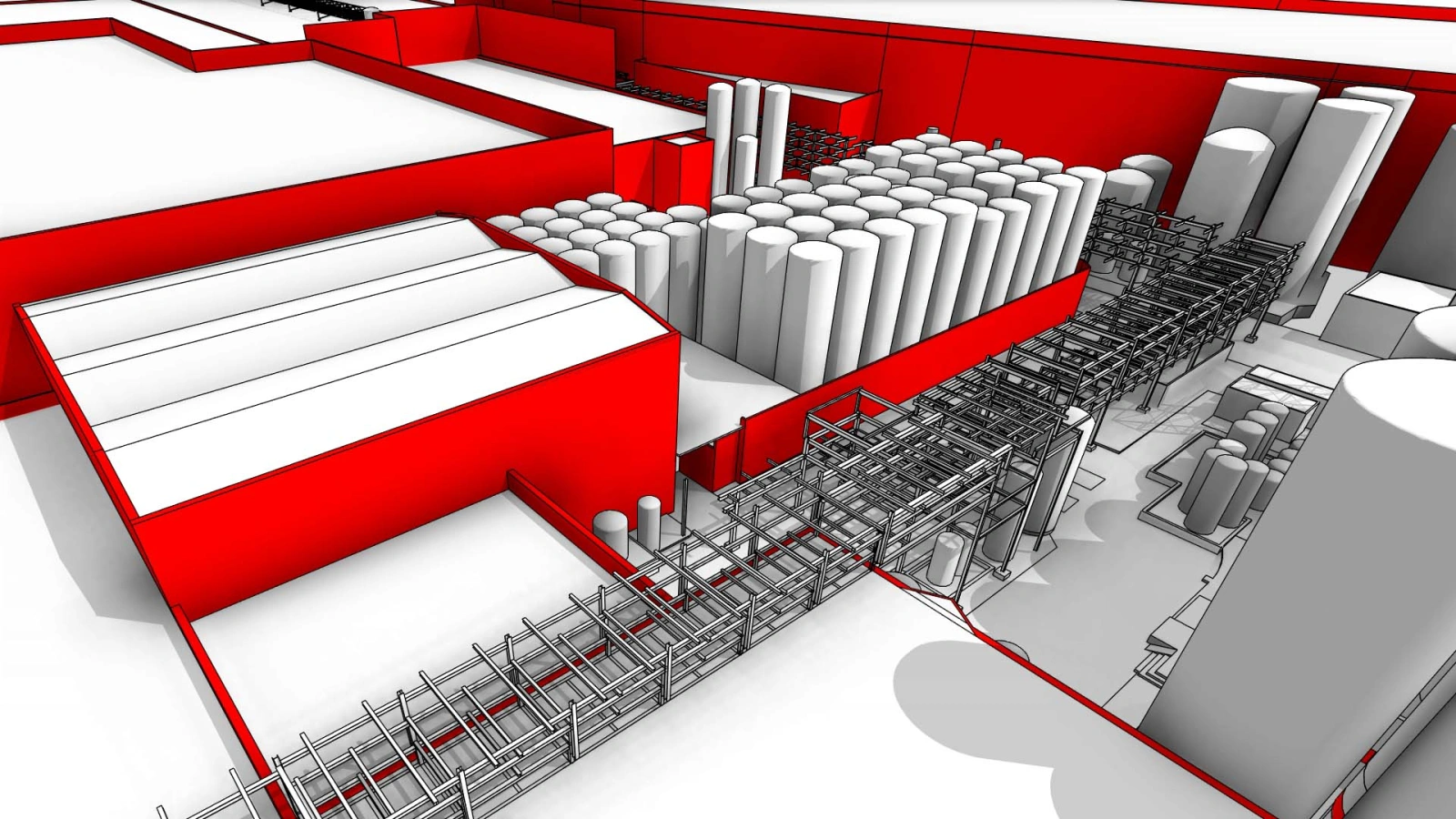 Render BIM del interior de una planta cervecera: silos, estructura y líneas de proceso modelados as-built