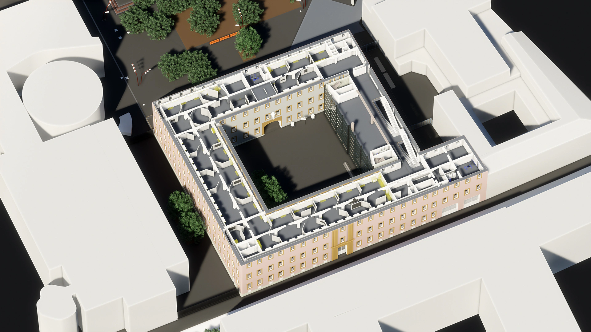 Render axonométrico seccionado del modelo BIM de un equipamiento cultural: arquitectura e instalaciones