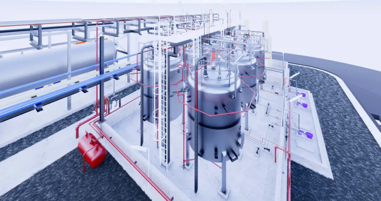 Render BIM de una sala de reactores y tanques de proceso, con el piping coordinado