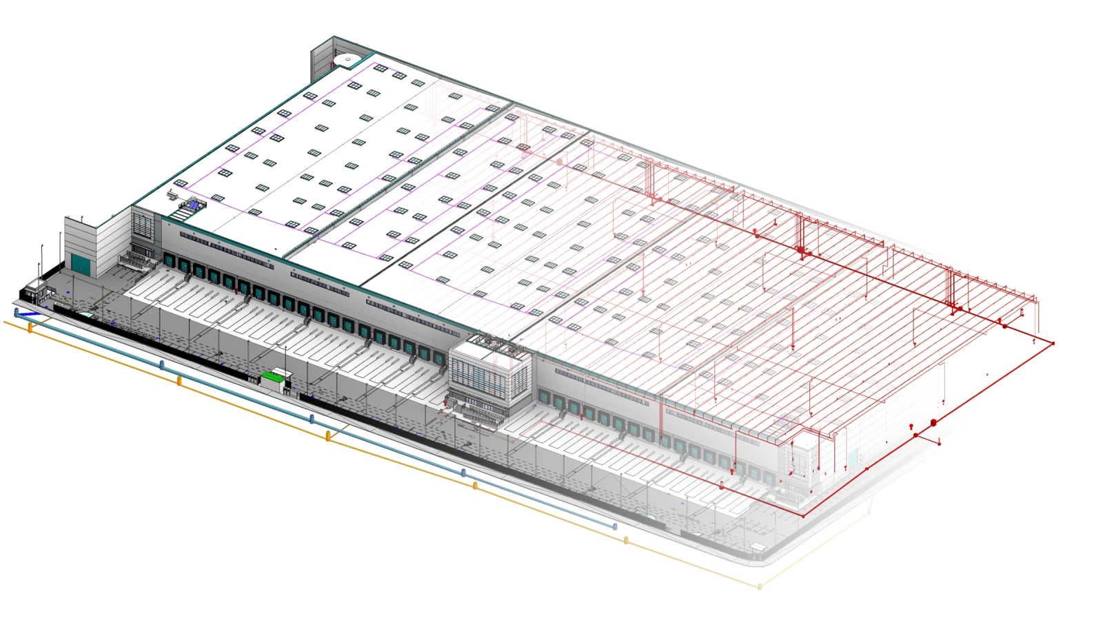 Modelo BIM axonométrico de una nave logística completa con su red de protección contra incendios