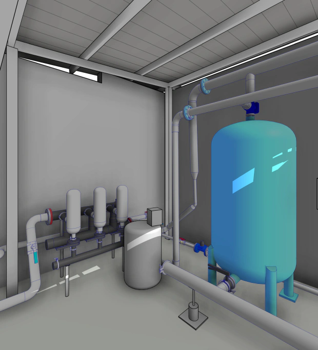 Modelo BIM as-built de la misma sala técnica, levantado sobre la nube de puntos