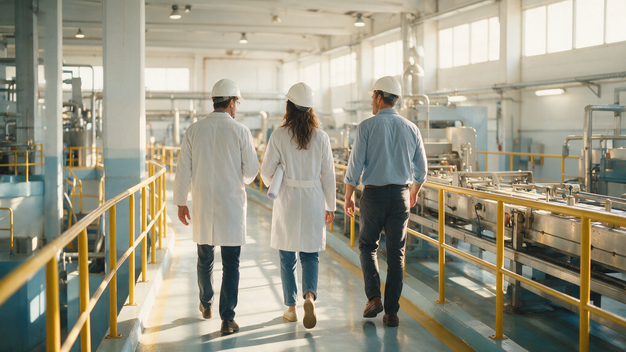 Equipo de planta recorriendo una nave de producción luminosa, con las líneas de proceso en marcha