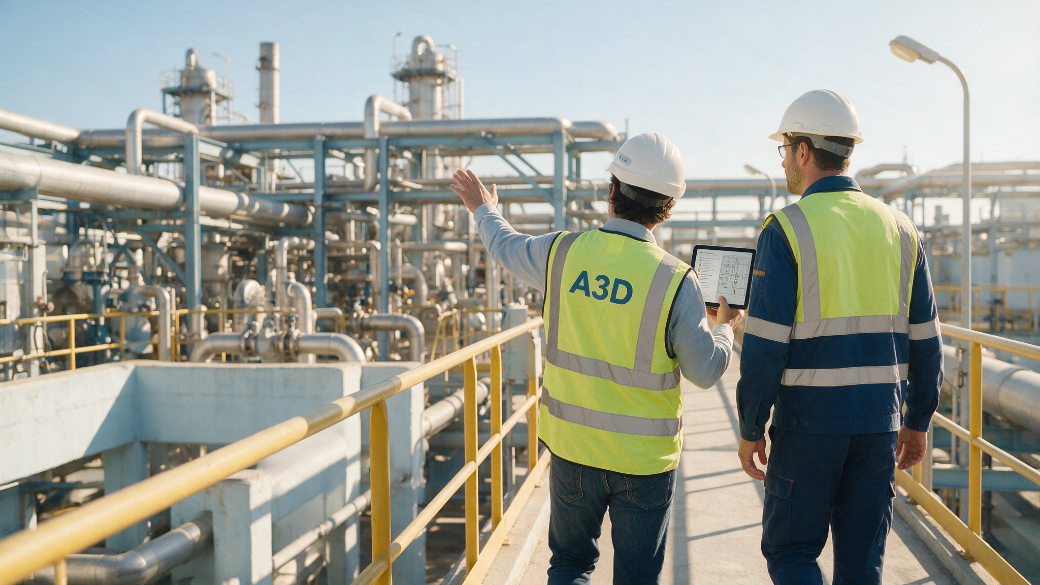 Consultor de A3D e ingeniero de planta recorriendo la instalación durante el assessment