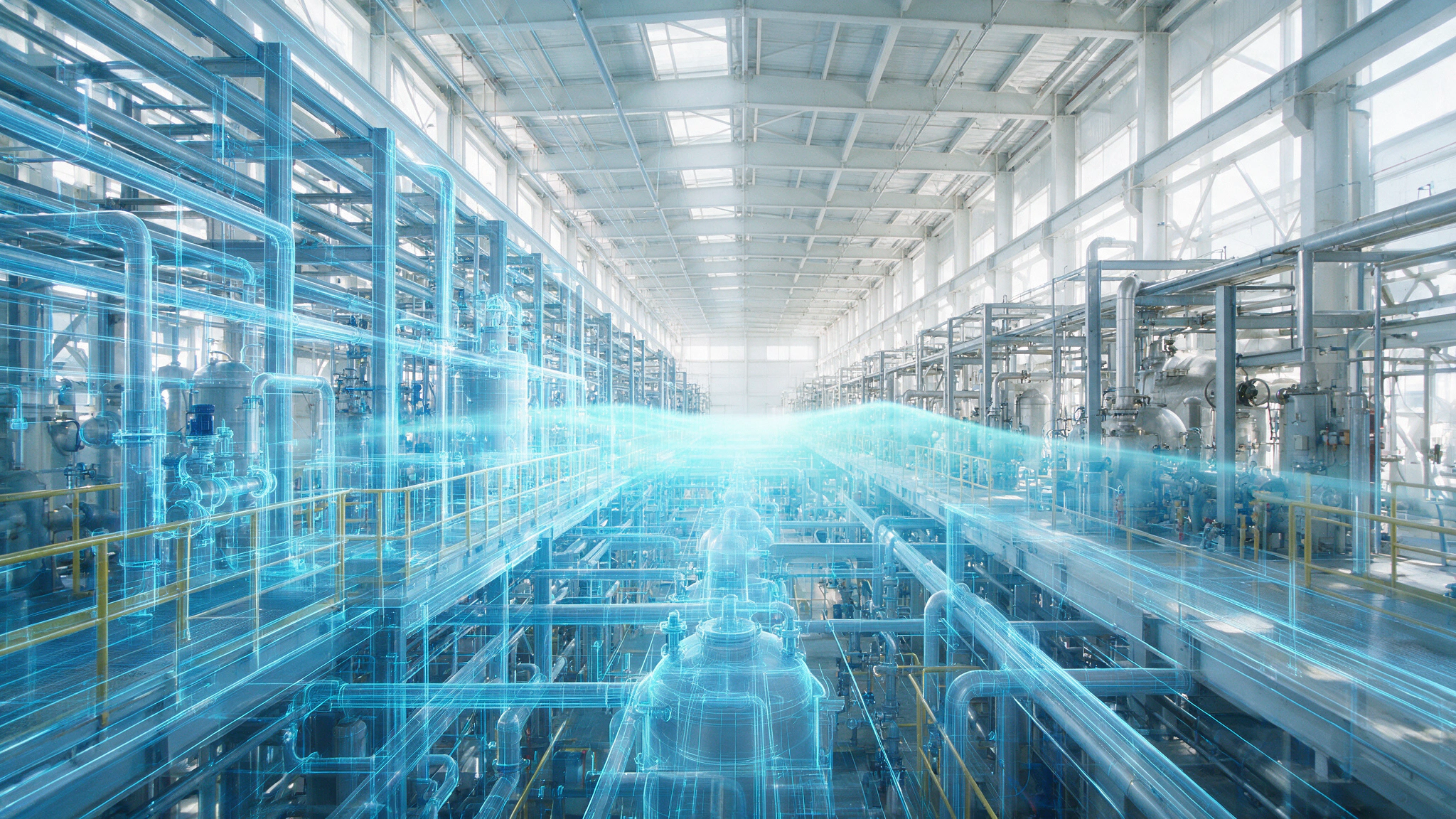 Planta industrial con la geometría de su gemelo digital superpuesta: tuberías, equipos y estructura levantados sobre lo que existe.
