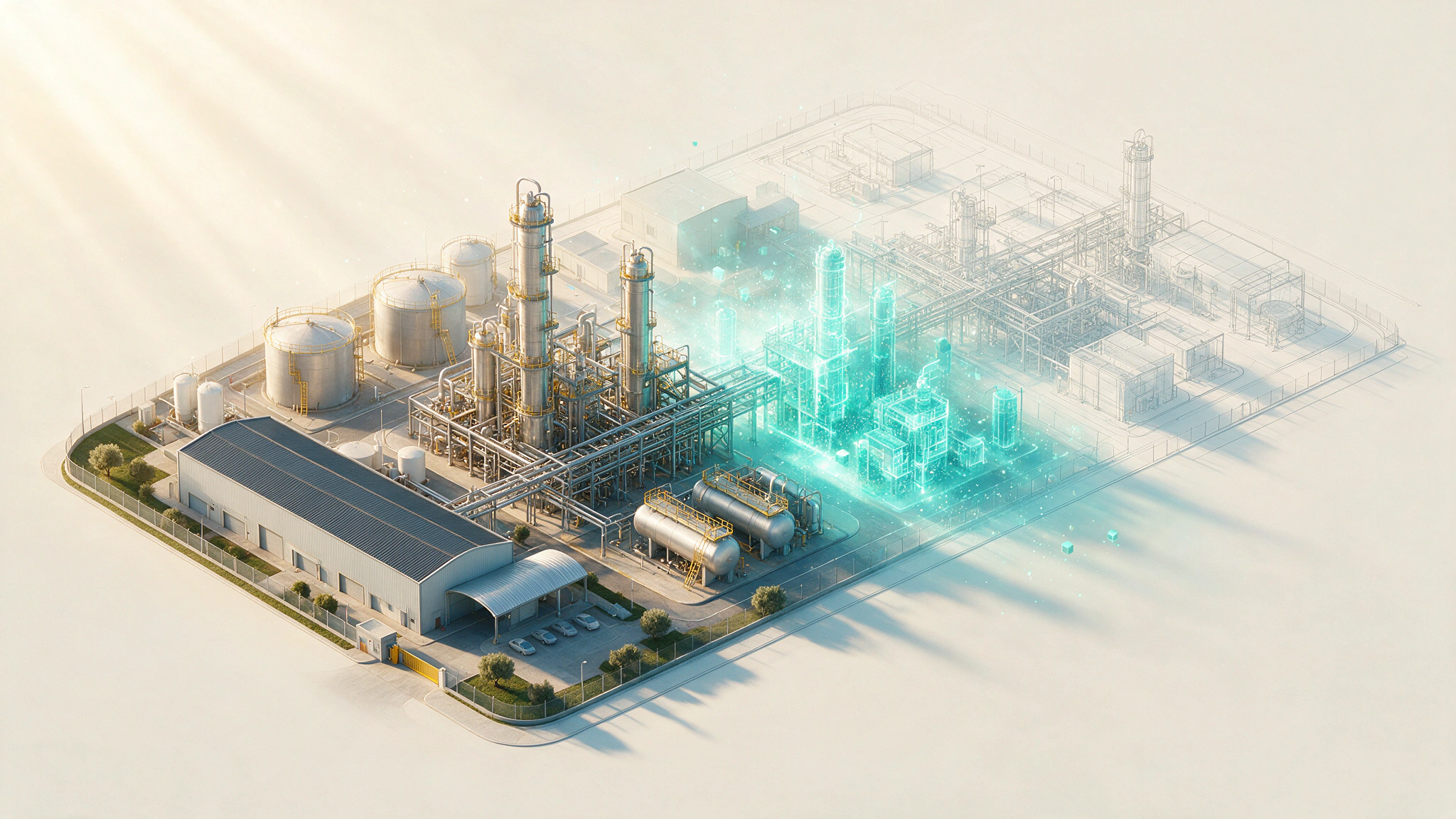 Gemelo digital de la planta creciendo por fases: zonas ya modeladas en detalle, el frente de modelado en curso y el resto en trazo previo