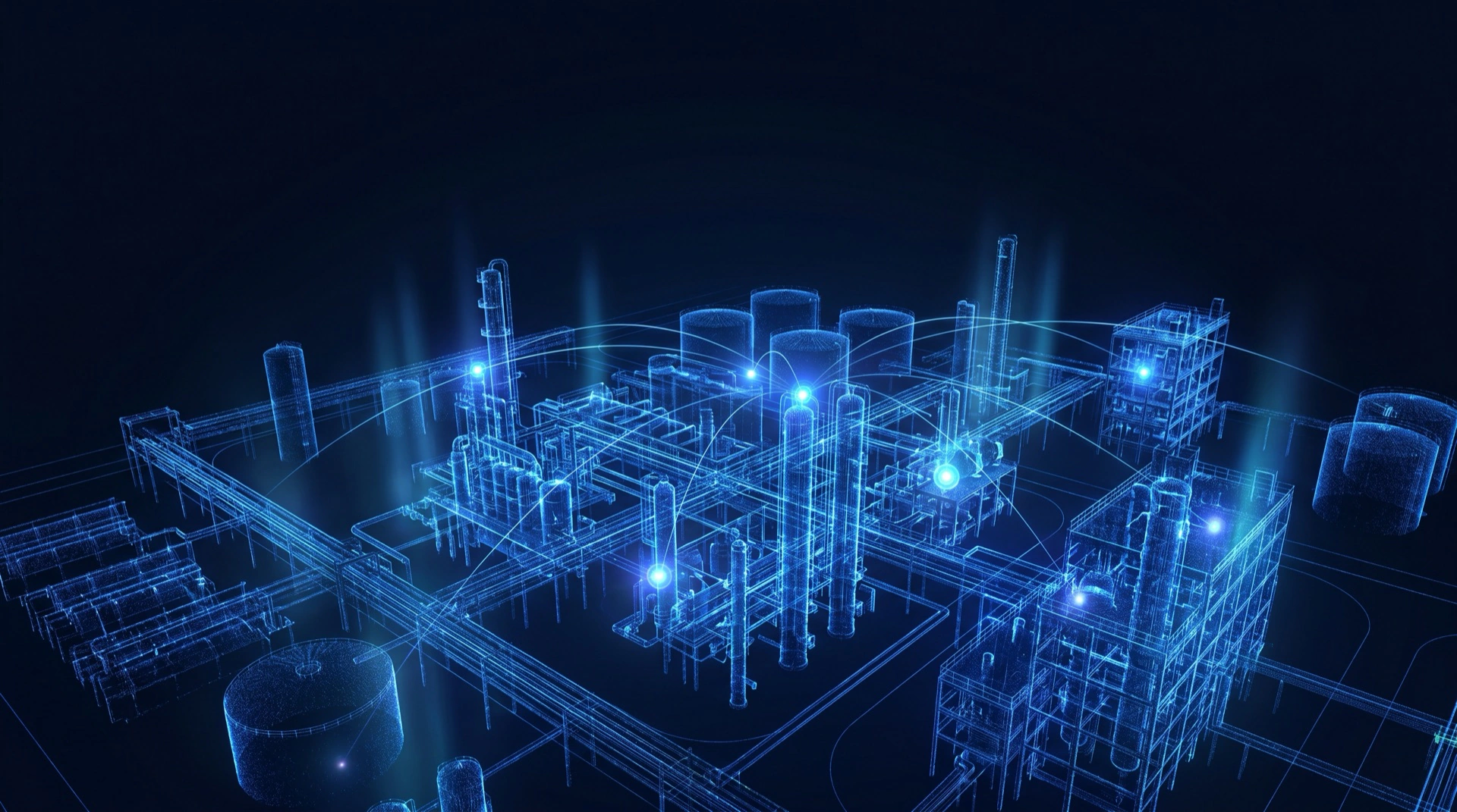 Vista aérea de una planta de proceso industrial completa reconstruida como gemelo digital tridimensional en malla azul luminosa, con equipos, tuberías y depósitos interconectados
