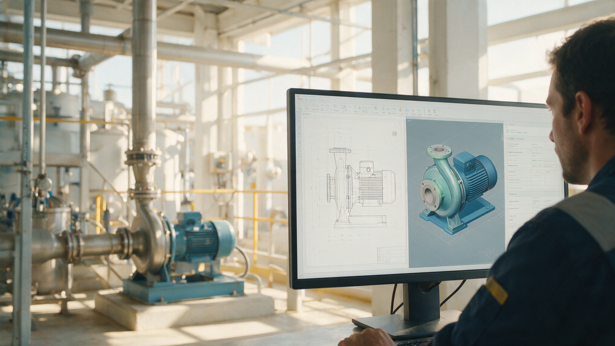 Pantalla con la misma bomba vista en plano, modelo 3D y ficha técnica, conectadas entre sí