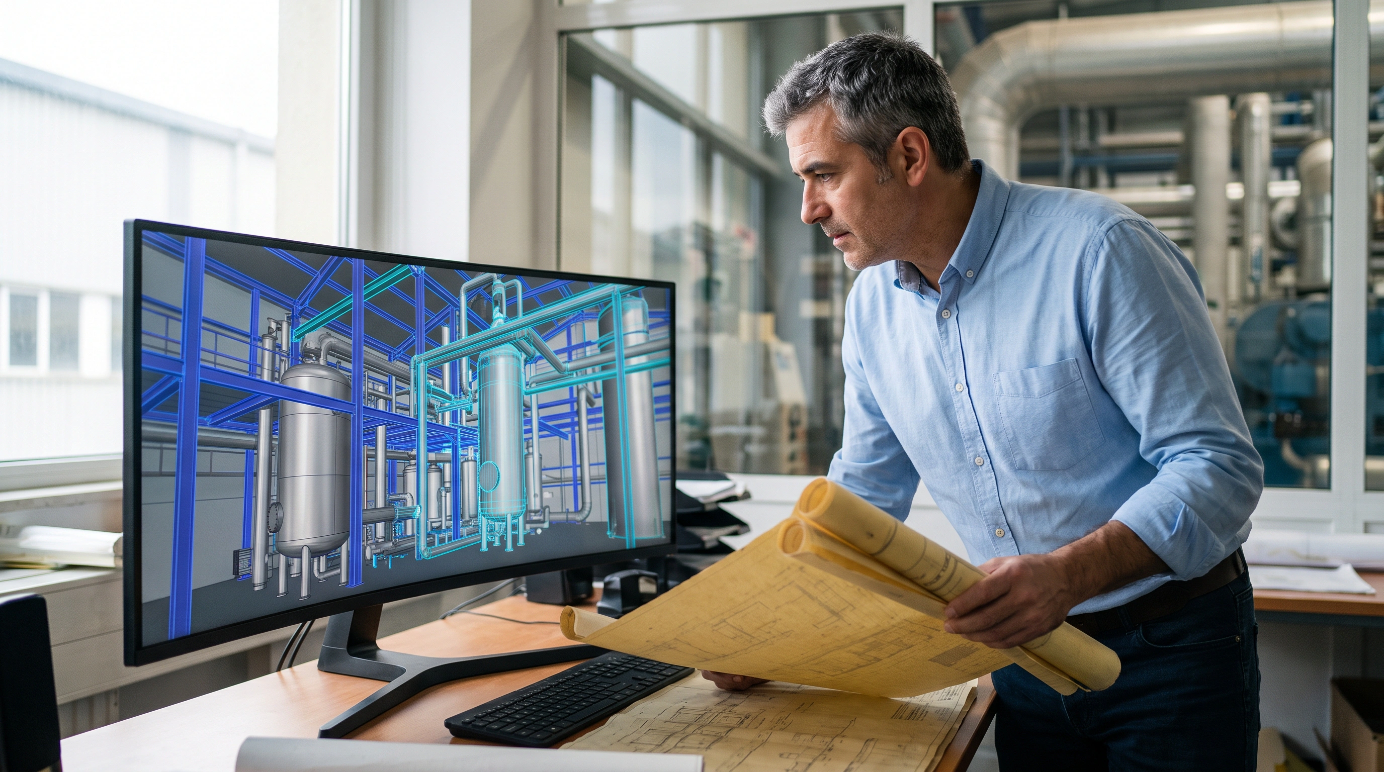 Un técnico contrasta los planos en papel de la planta contra el modelo BIM as-built en pantalla, antes de ejecutar la intervención.