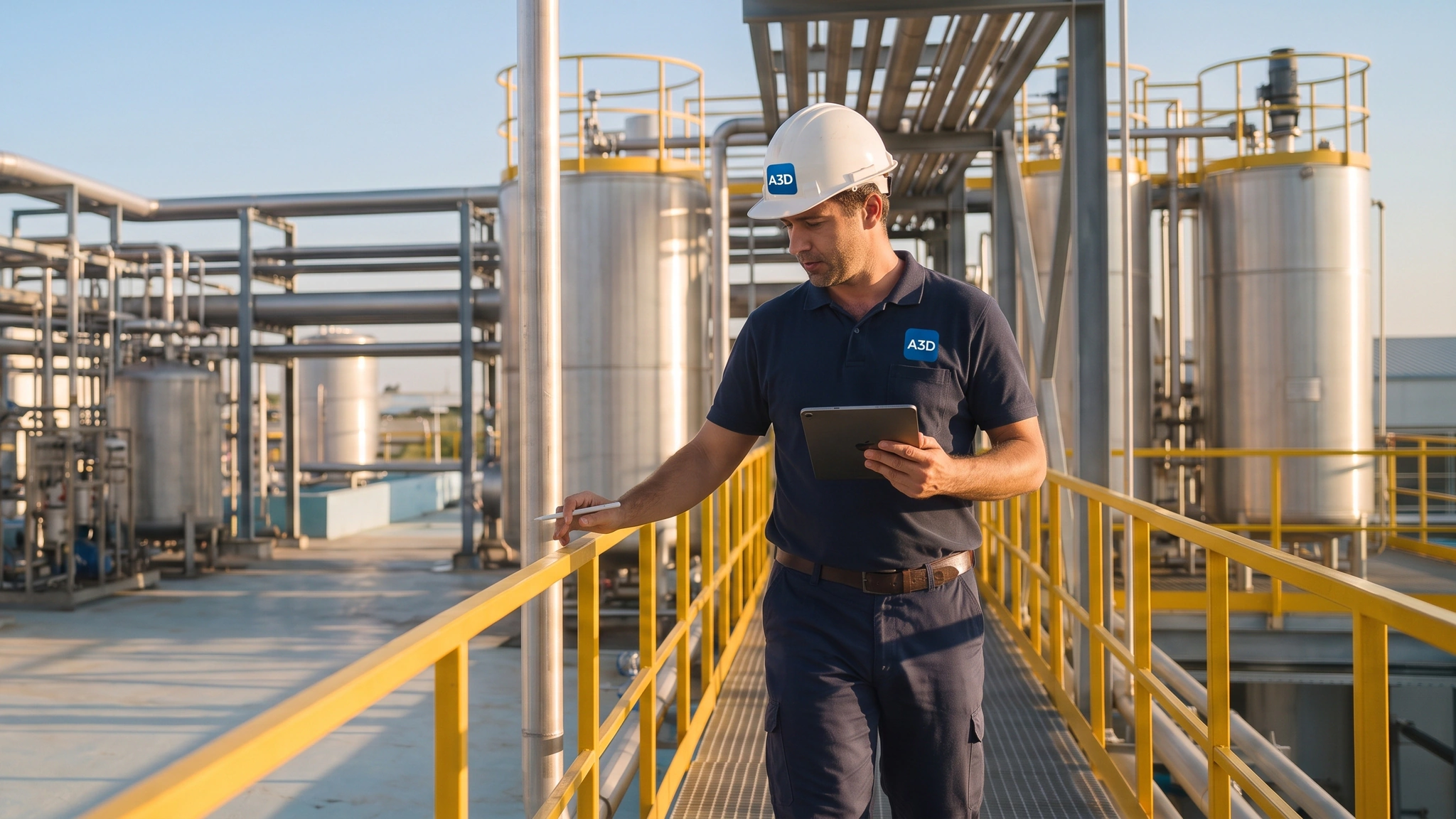Técnico de A3D recorriendo una plataforma exterior entre depósitos y racks de tuberías