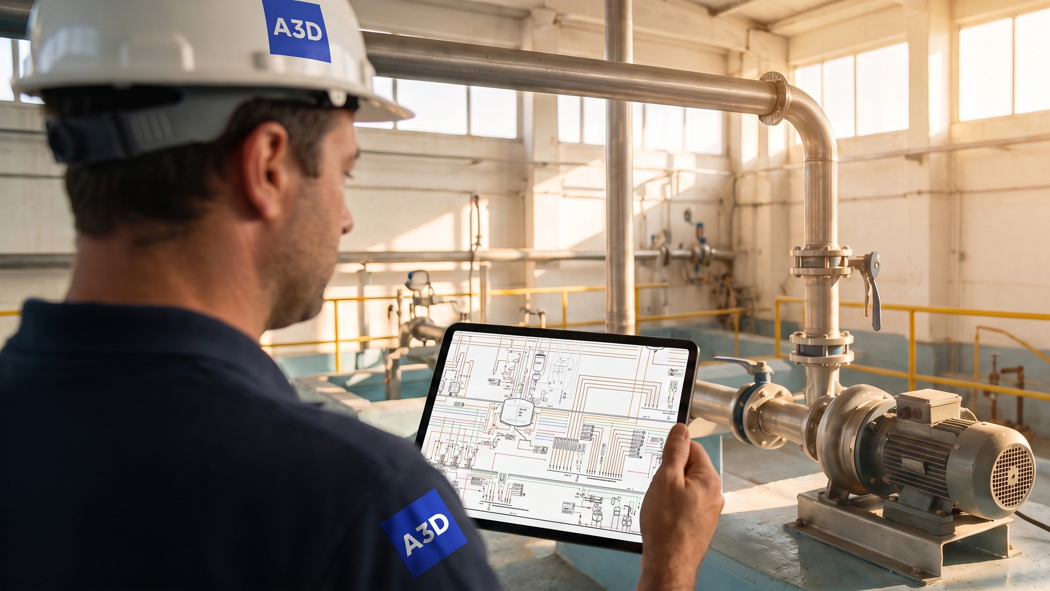 El P&ID en la tableta del técnico de A3D y, detrás, la instalación que representa
