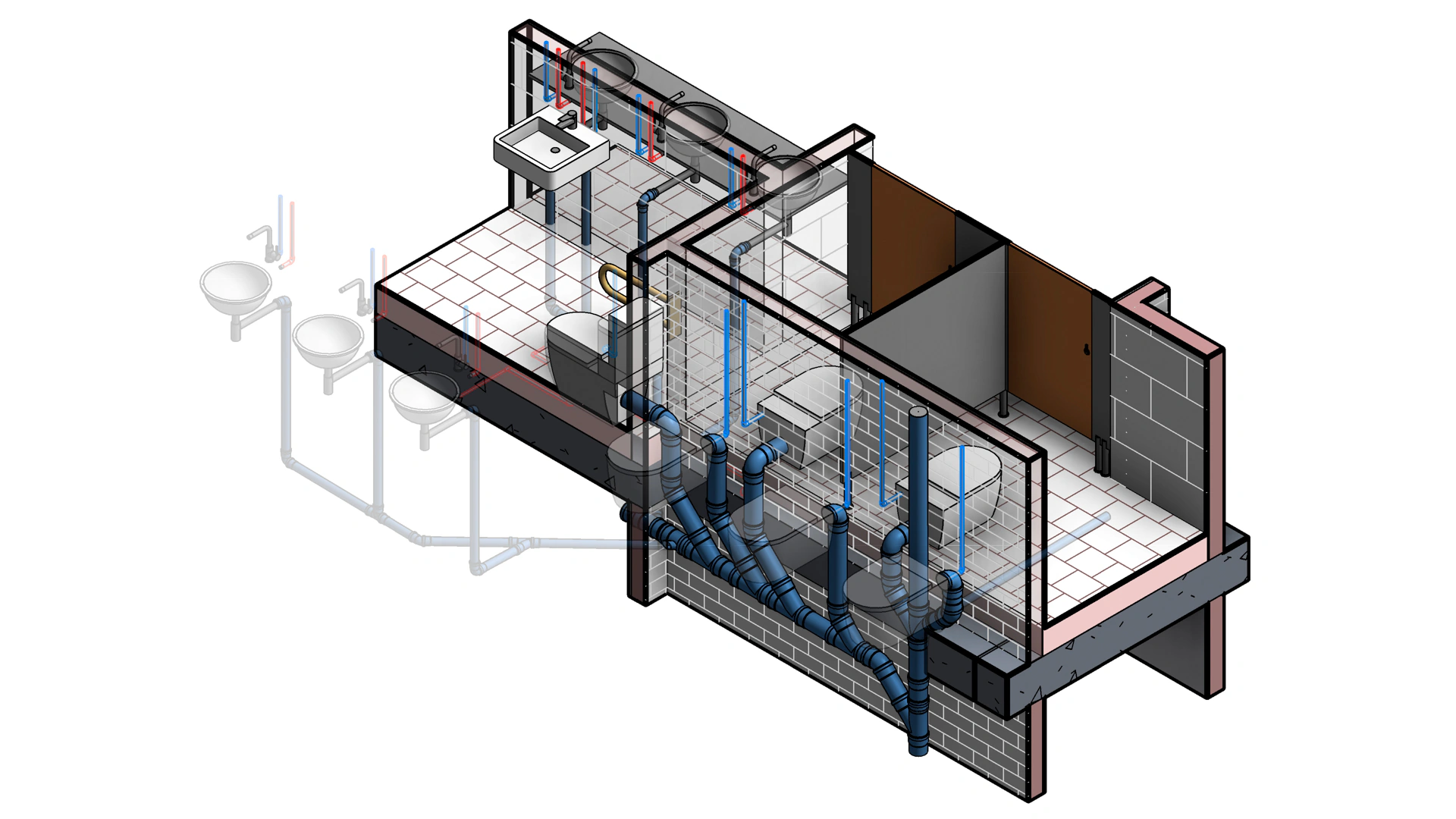 Montaje de tubería preconfigurado del catálogo BIM, modelado en 3D