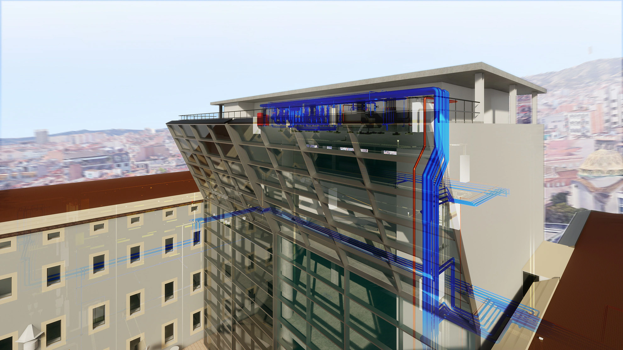 Modelo BIM del edificio con las instalaciones a la vista
