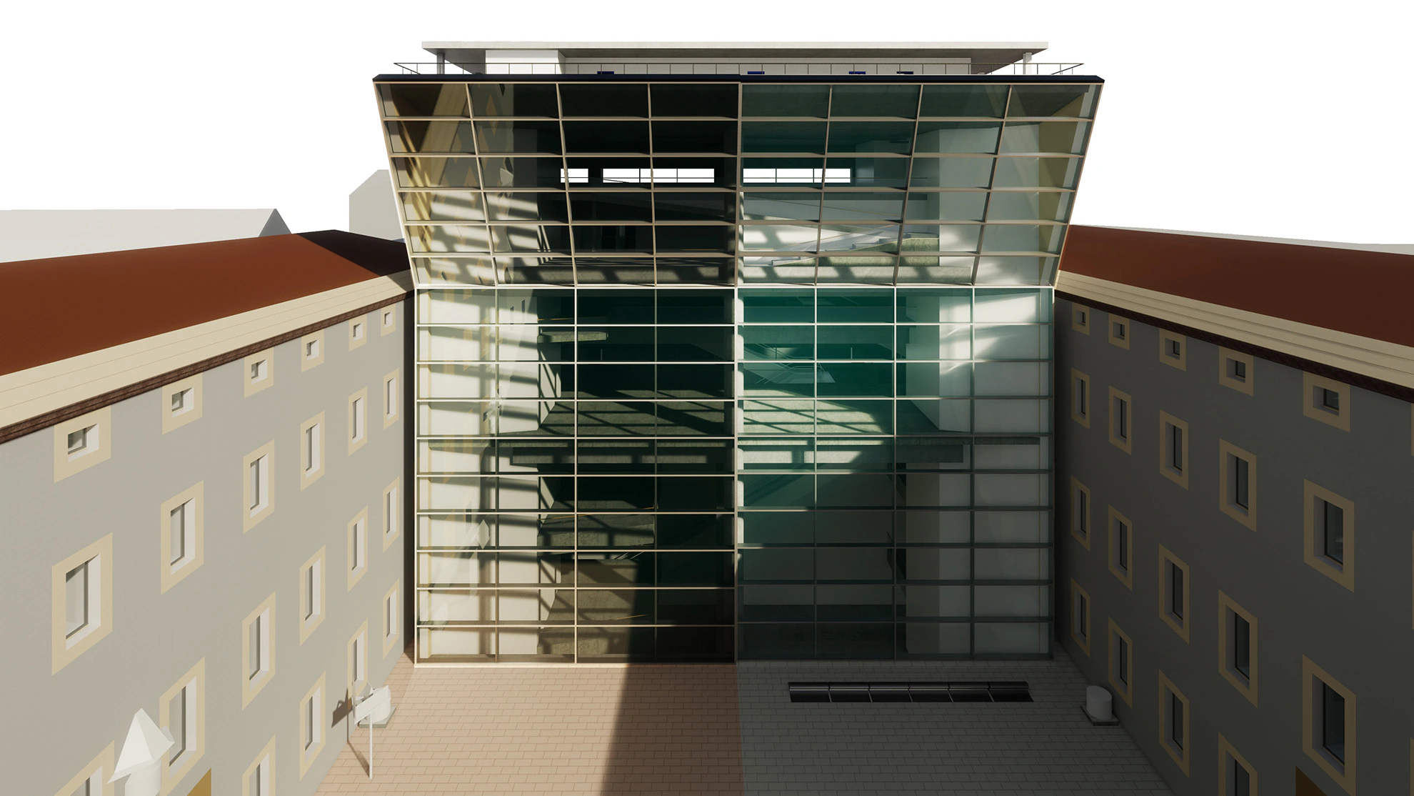 Vista general del modelo BIM sobre la plaza central del equipamiento