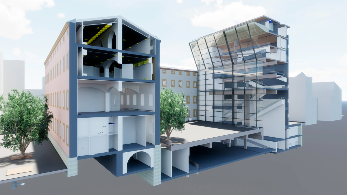 Modelo BIM seccionado del CCCB de Barcelona con las instalaciones a la vista