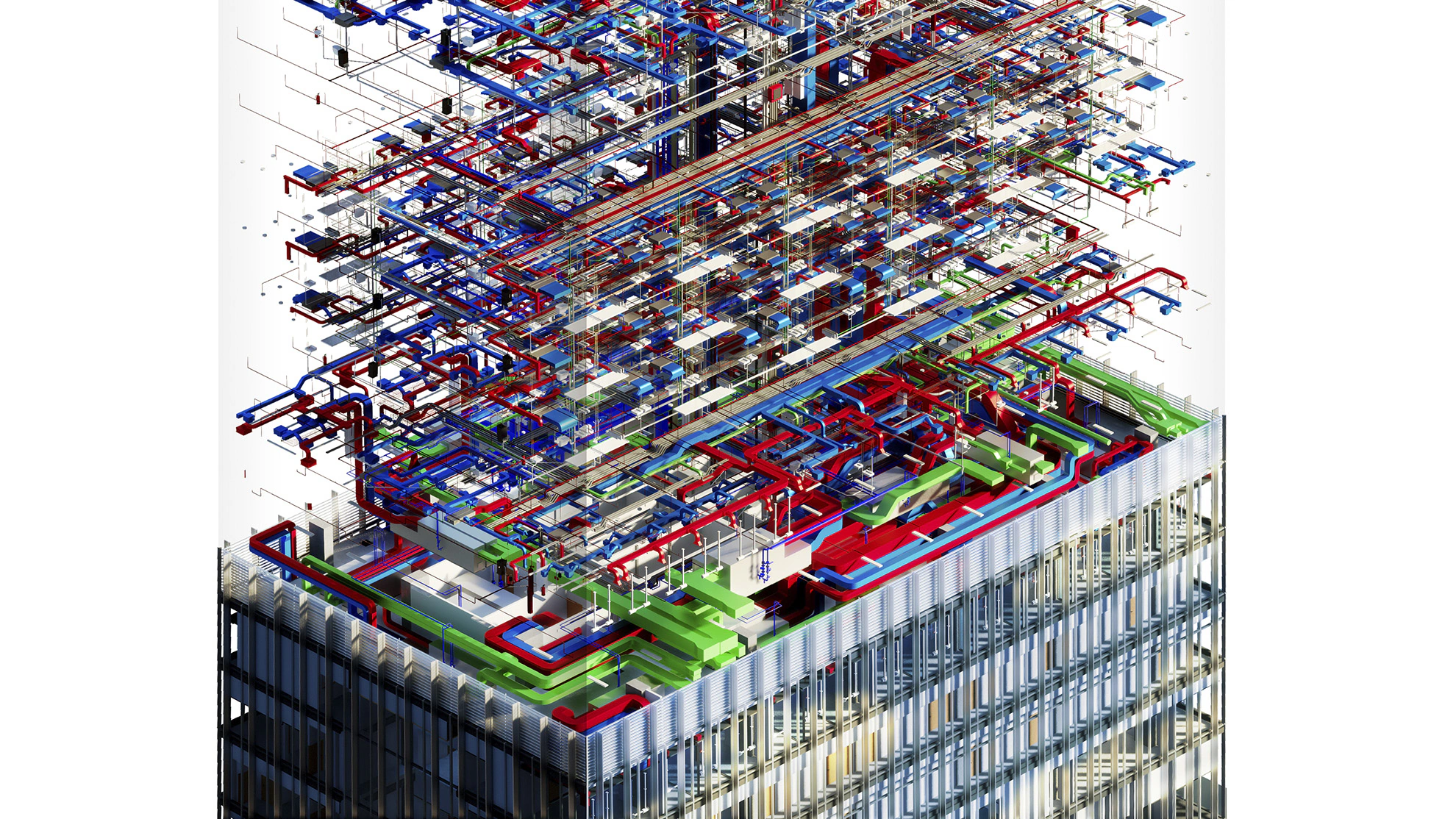 Vista general del modelo BIM de la clínica con instalaciones, arquitectura y estructura coordinadas