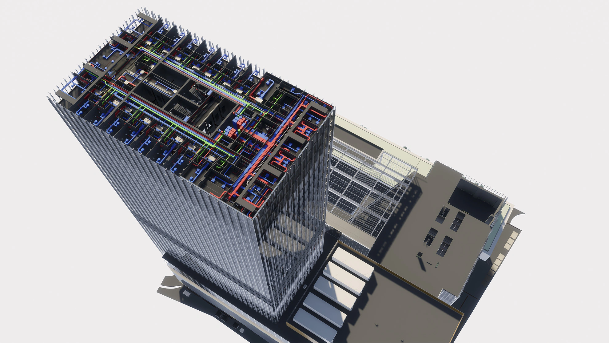 Vista aérea del modelo BIM de la clínica seccionado por el falso techo