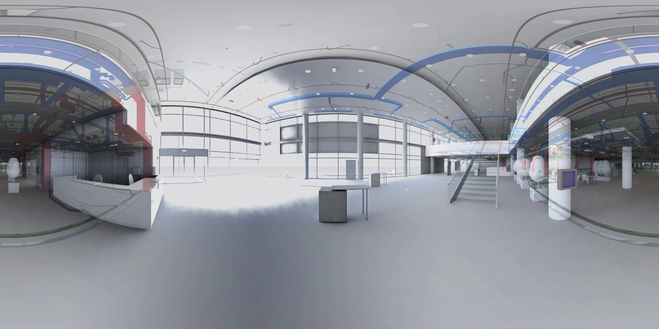 Panorámica equirectangular de 360° del interior del concesionario modelado en BIM