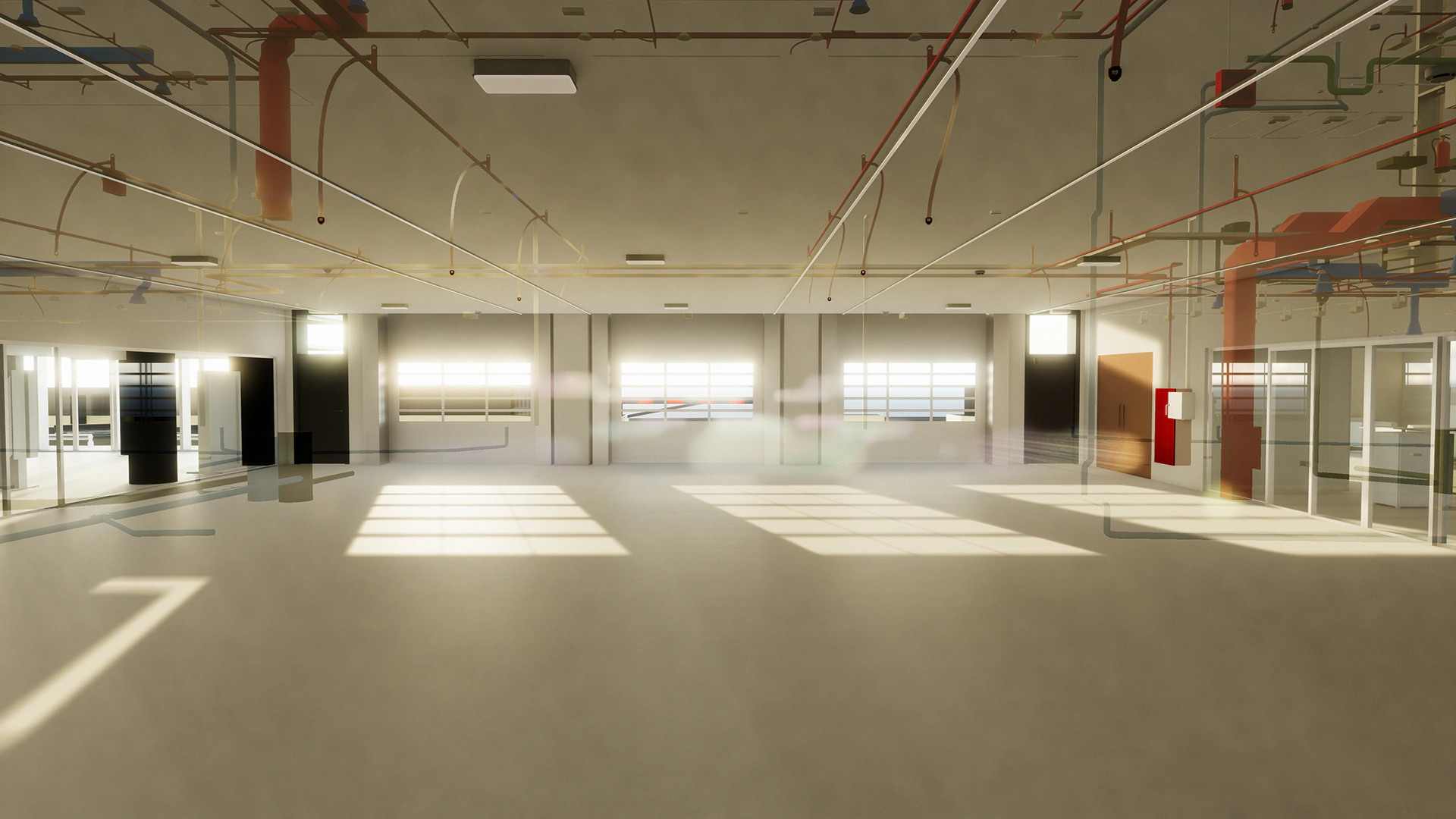 Modelo BIM del taller de vehículos con las instalaciones vistas