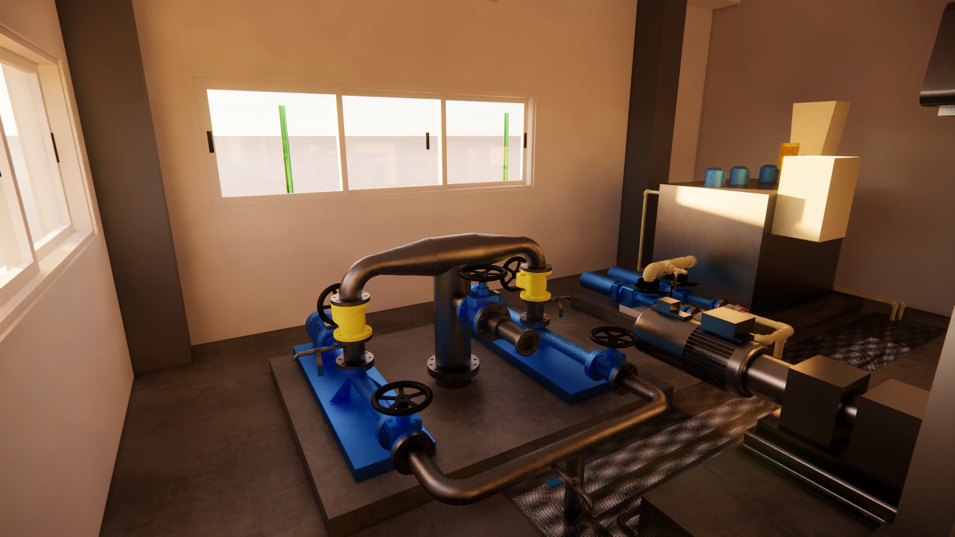 Interior de la sala de bombeo de la depuradora modelada en BIM, con bombas y valvulería