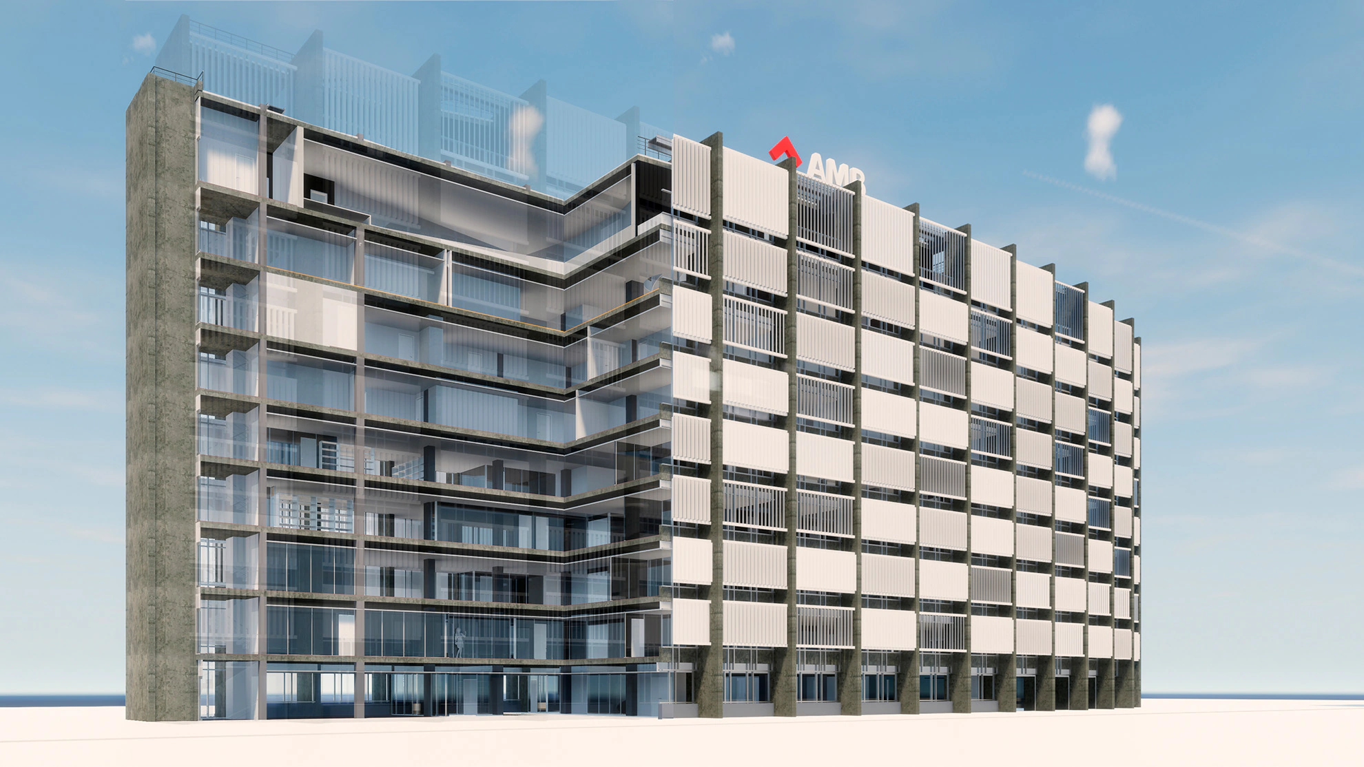 Vista exterior del modelo BIM de la sede con un corte que descubre el interior