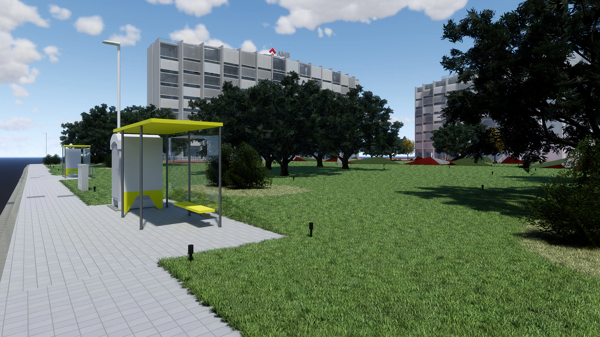 Modelo BIM del edificio con la urbanización exterior que lo rodea