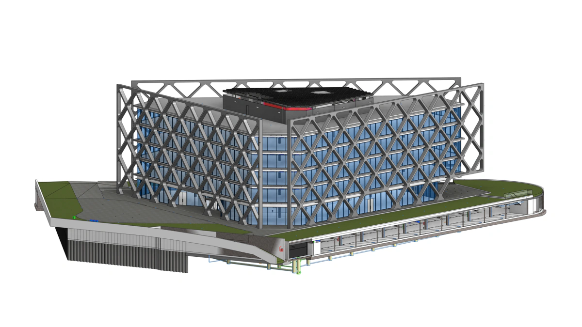 Modelo BIM del edificio Oxxeo de Madrid: planta triangular con la celosía estructural en fachada