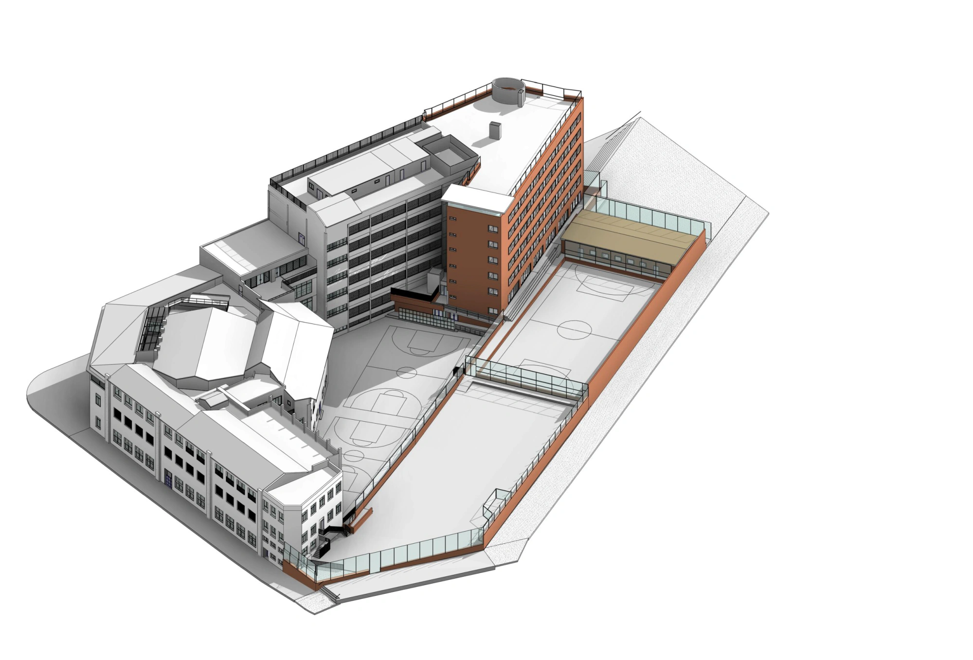 Vista aérea del modelo BIM de la escuela dentro de su manzana del Eixample