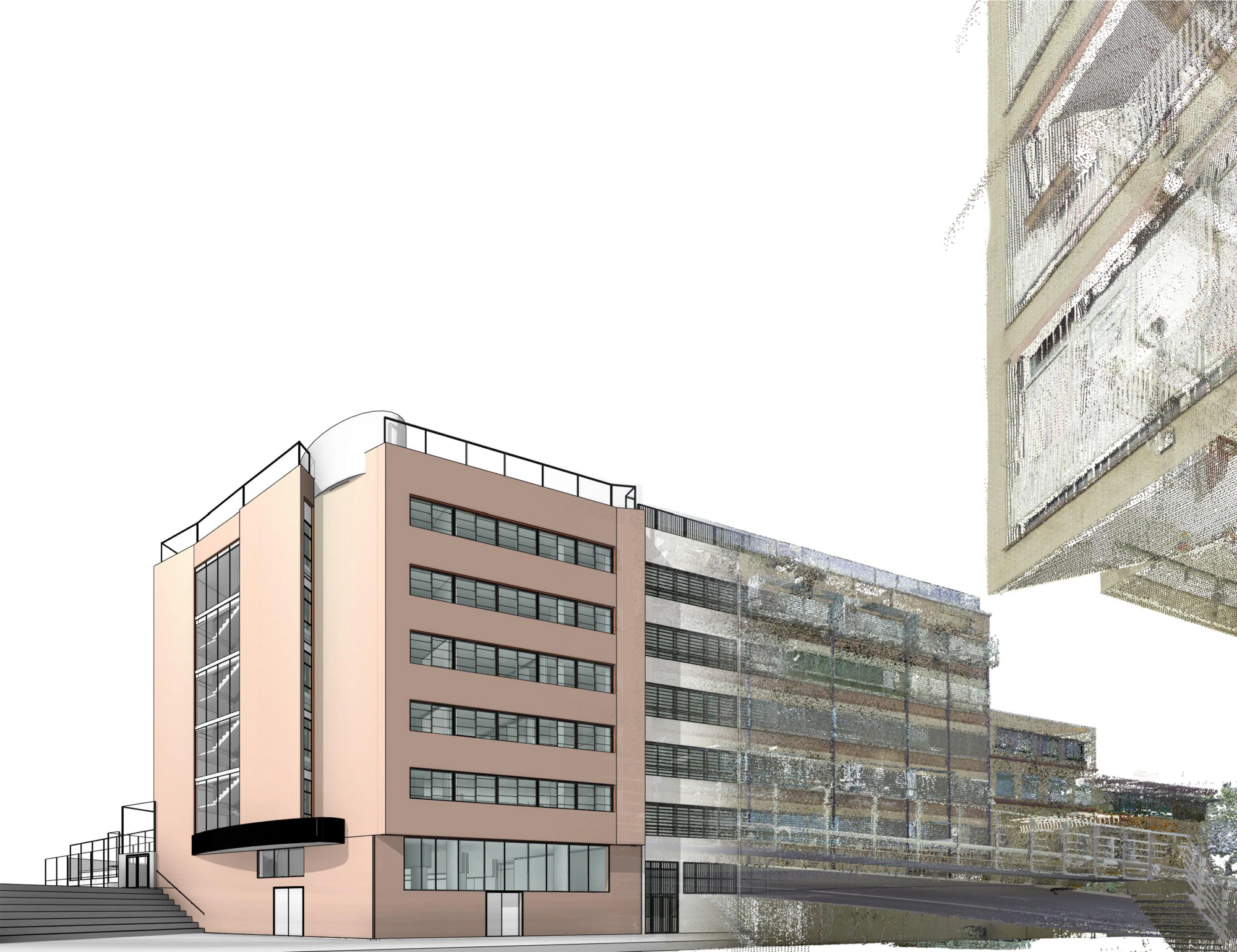Fachada de la escuela: el modelo BIM a la izquierda y la nube de puntos a la derecha