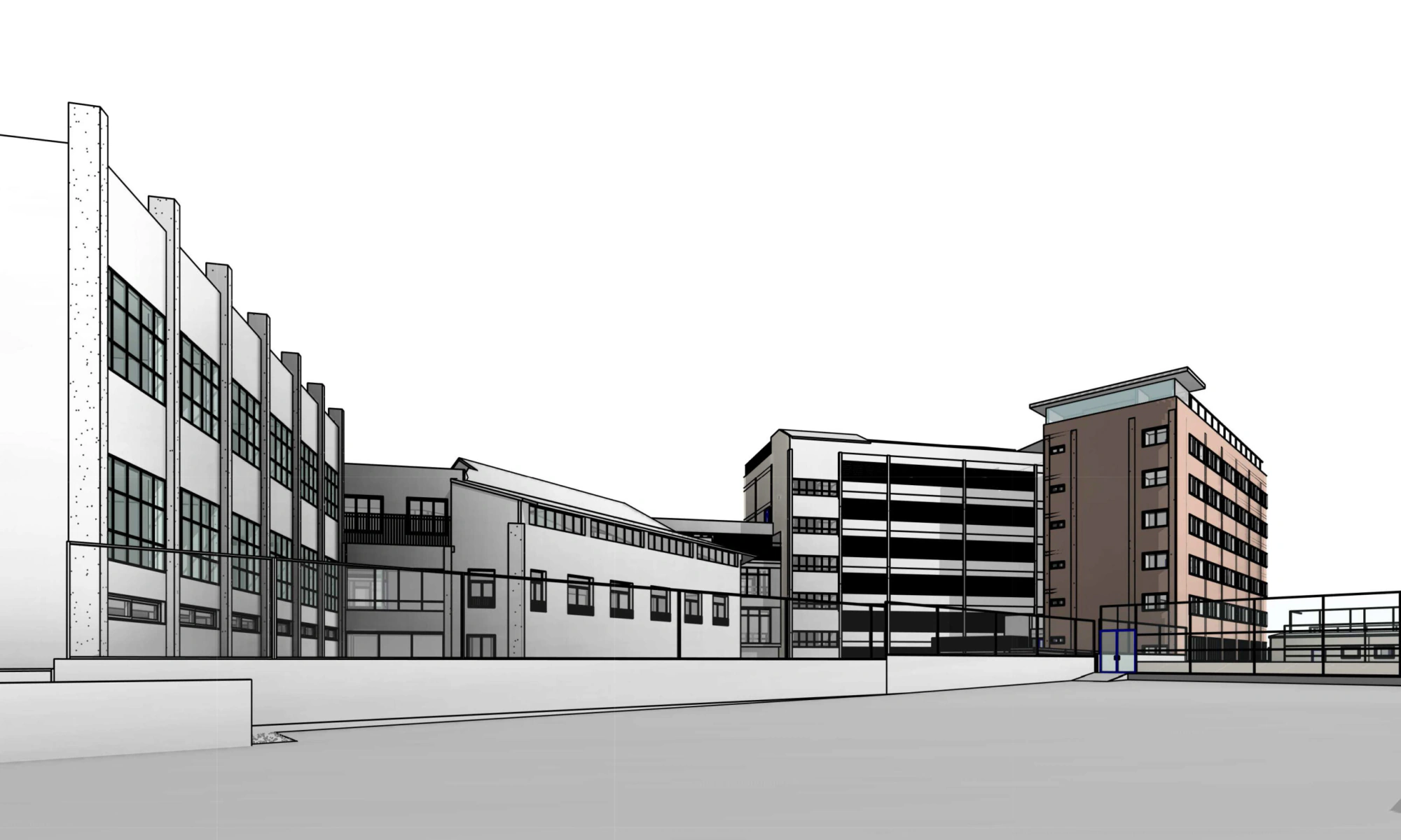 Vista de calle del modelo BIM de la escuela, con los distintos edificios del conjunto