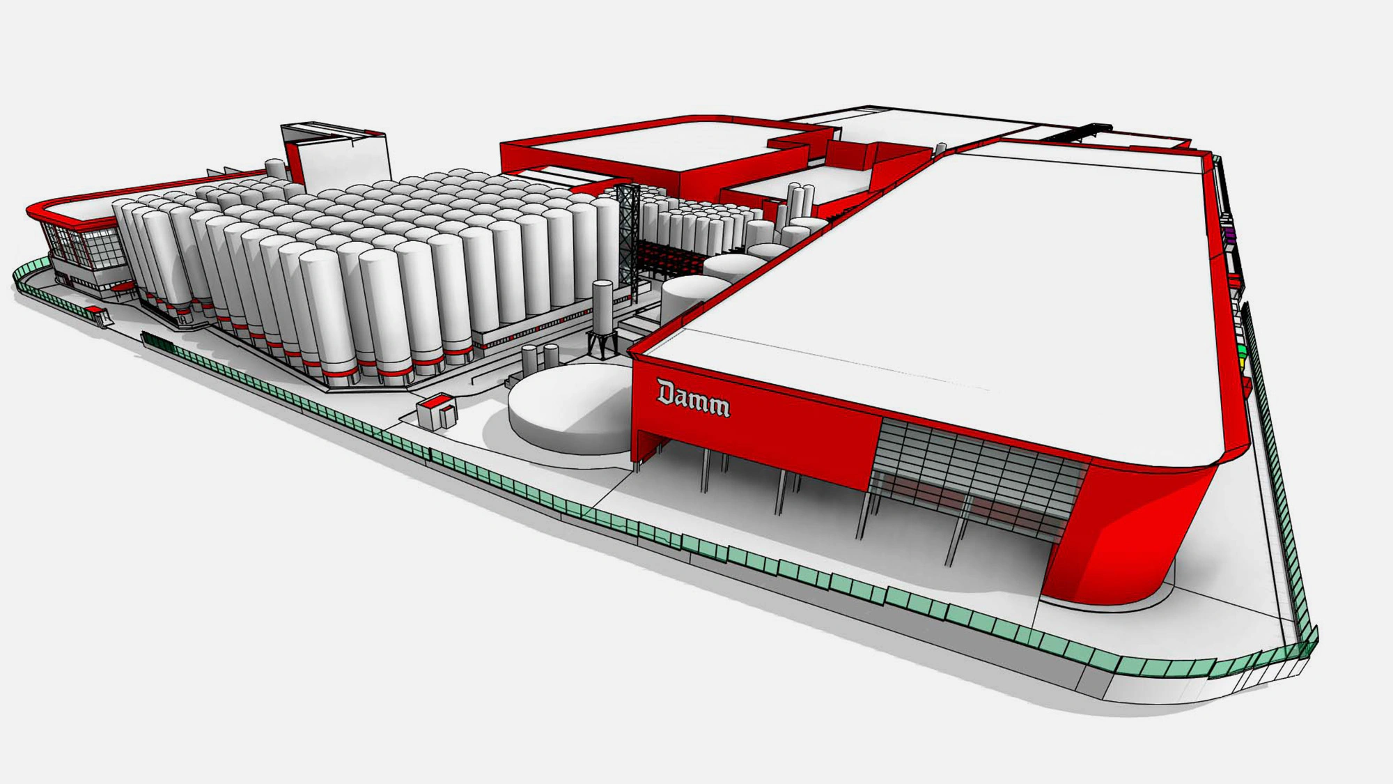 Vista aérea del modelo BIM de la planta cervecera con sus naves y silos