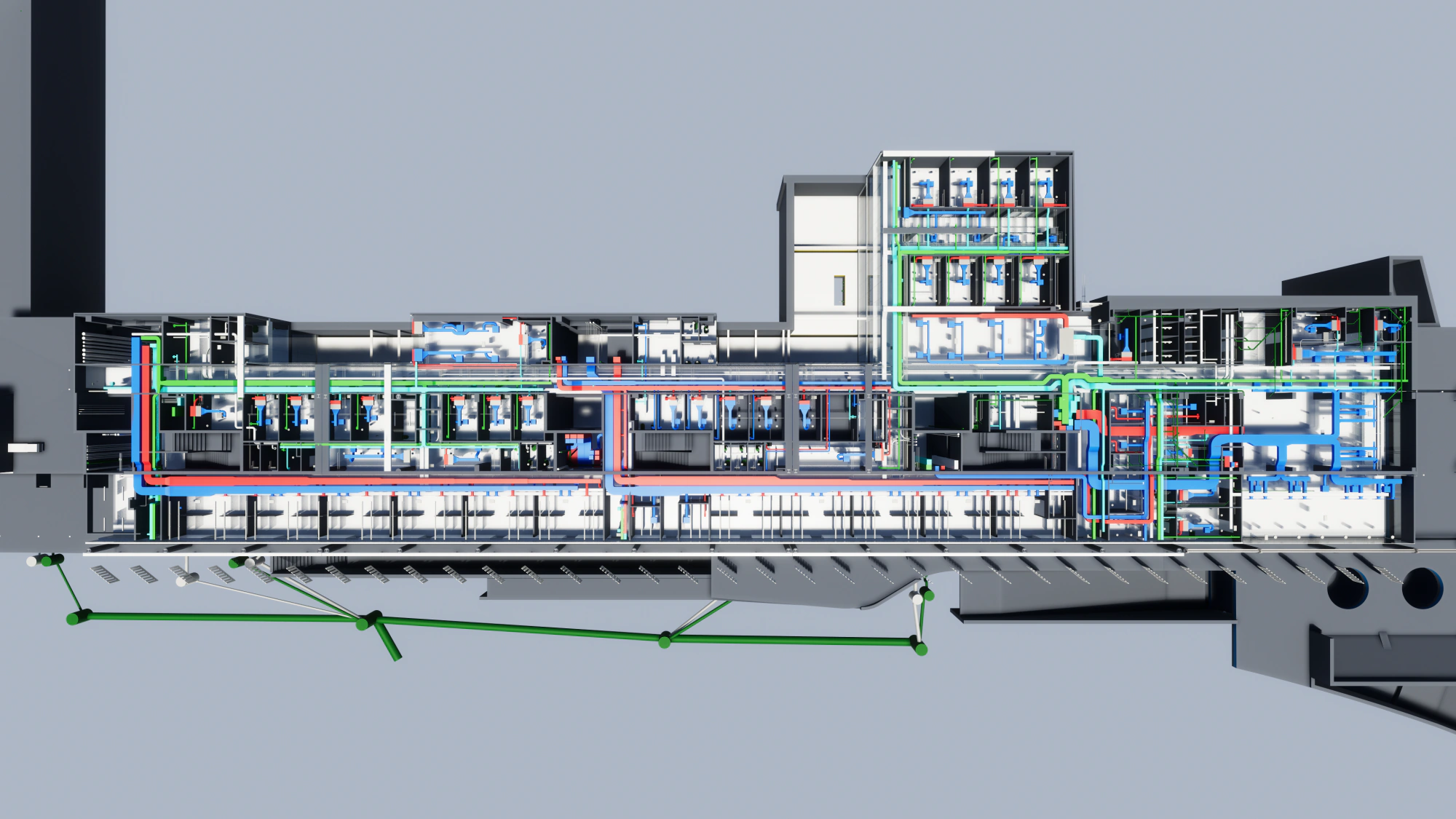 Segundo corte del modelo BIM con el trazado de instalaciones entre plantas